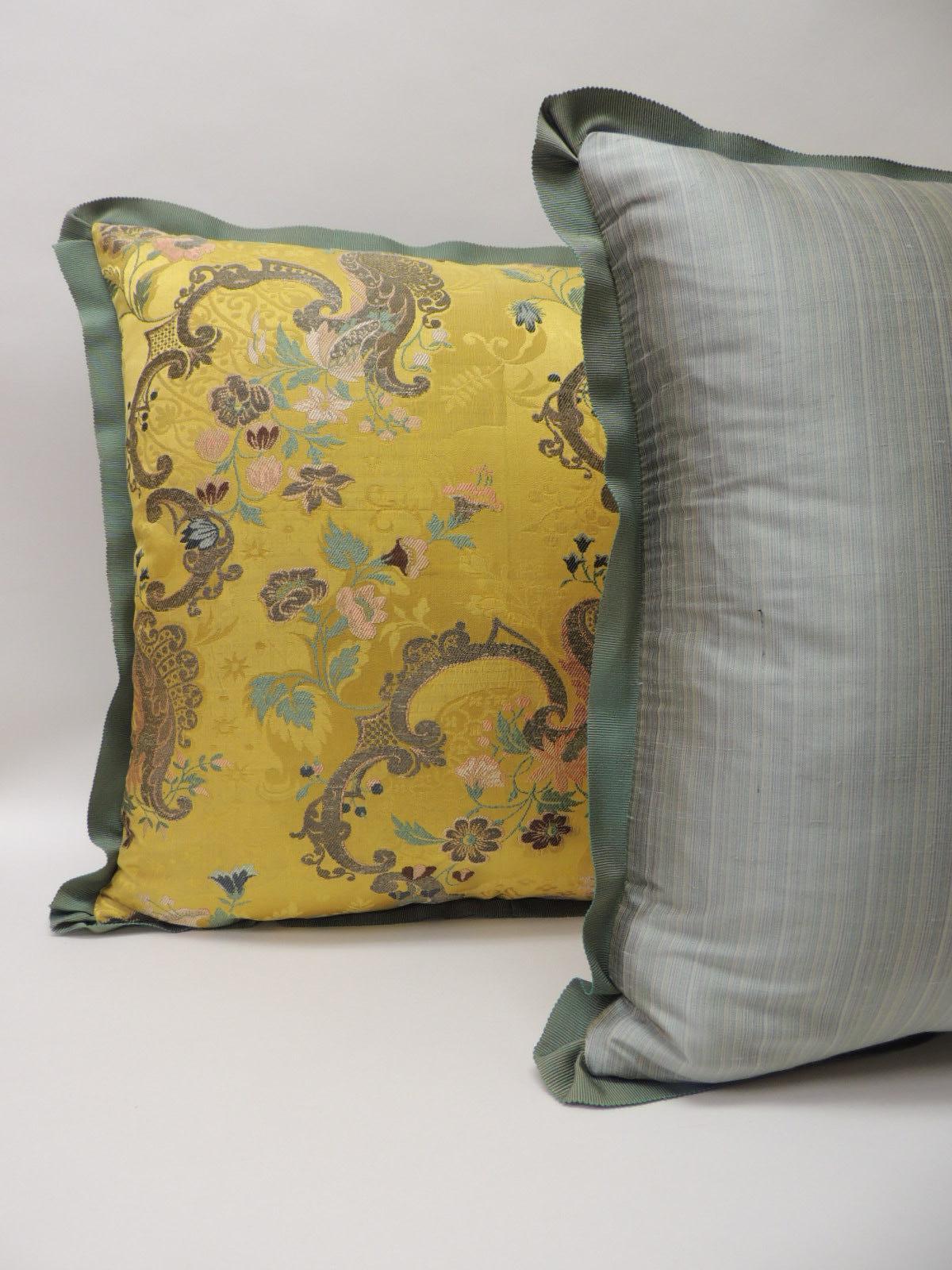 Regency Pair of Antique Green and Gold Brocade French Silk Decorative Pillows