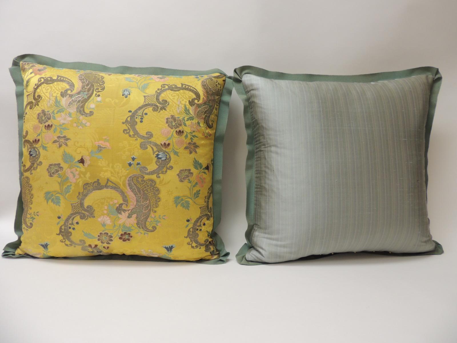 Hand-Crafted Pair of Antique Green and Gold Brocade French Silk Decorative Pillows