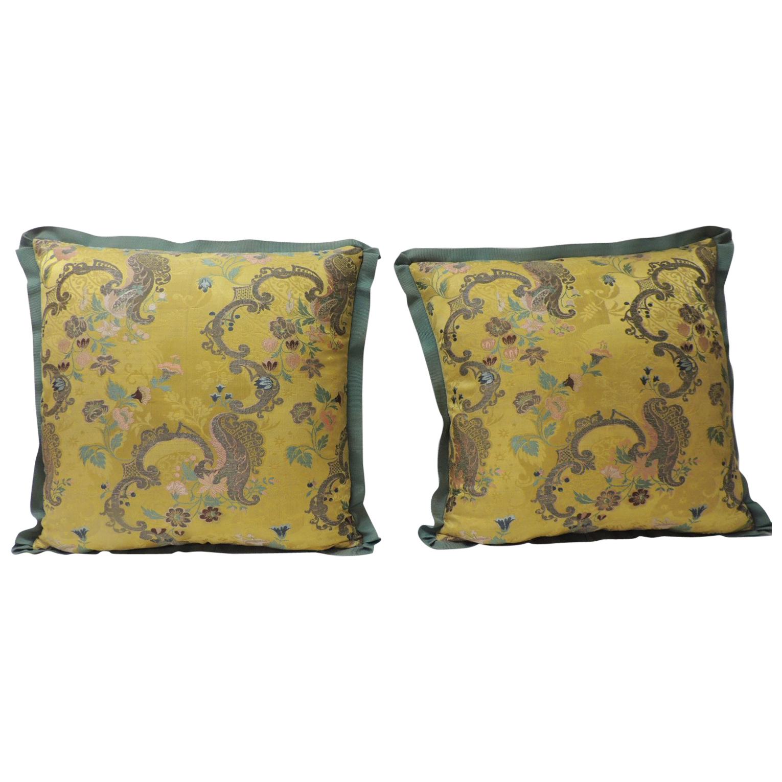 Pair of Antique Green and Gold Brocade French Silk Decorative Pillows