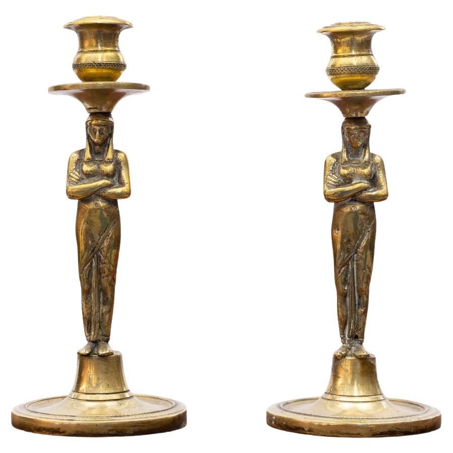 Pair of 18th Century Gustavian Bronze Candlesticks with Egyptian Female Figures