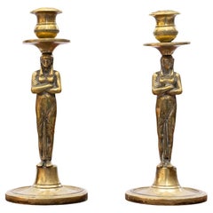 Pair of 18th Century Gustavian Bronze Candlesticks with Egyptian Female Figures