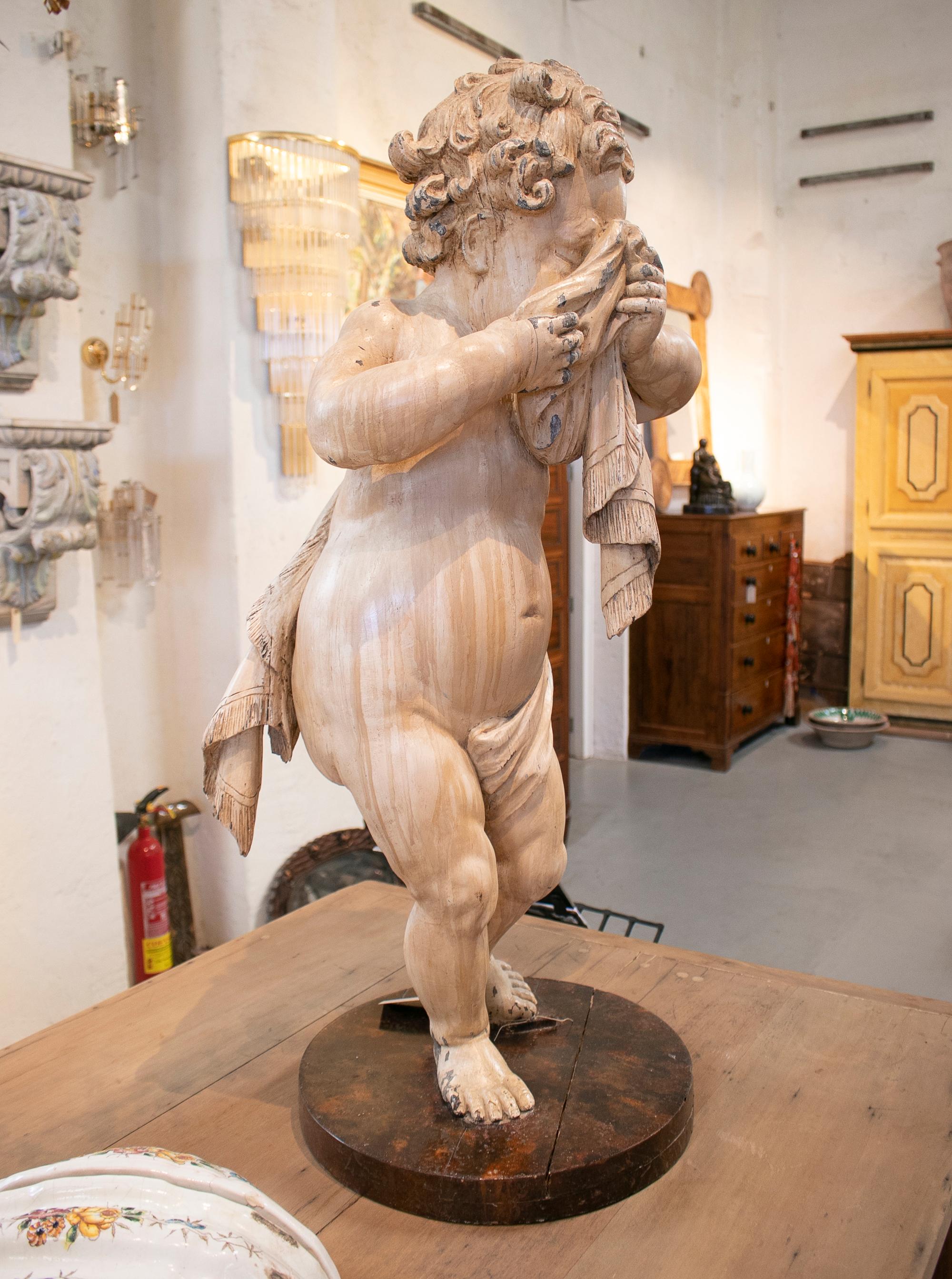 Pair of 18th Century Hand Carved & Painted Wooden Putti Cherubs 1