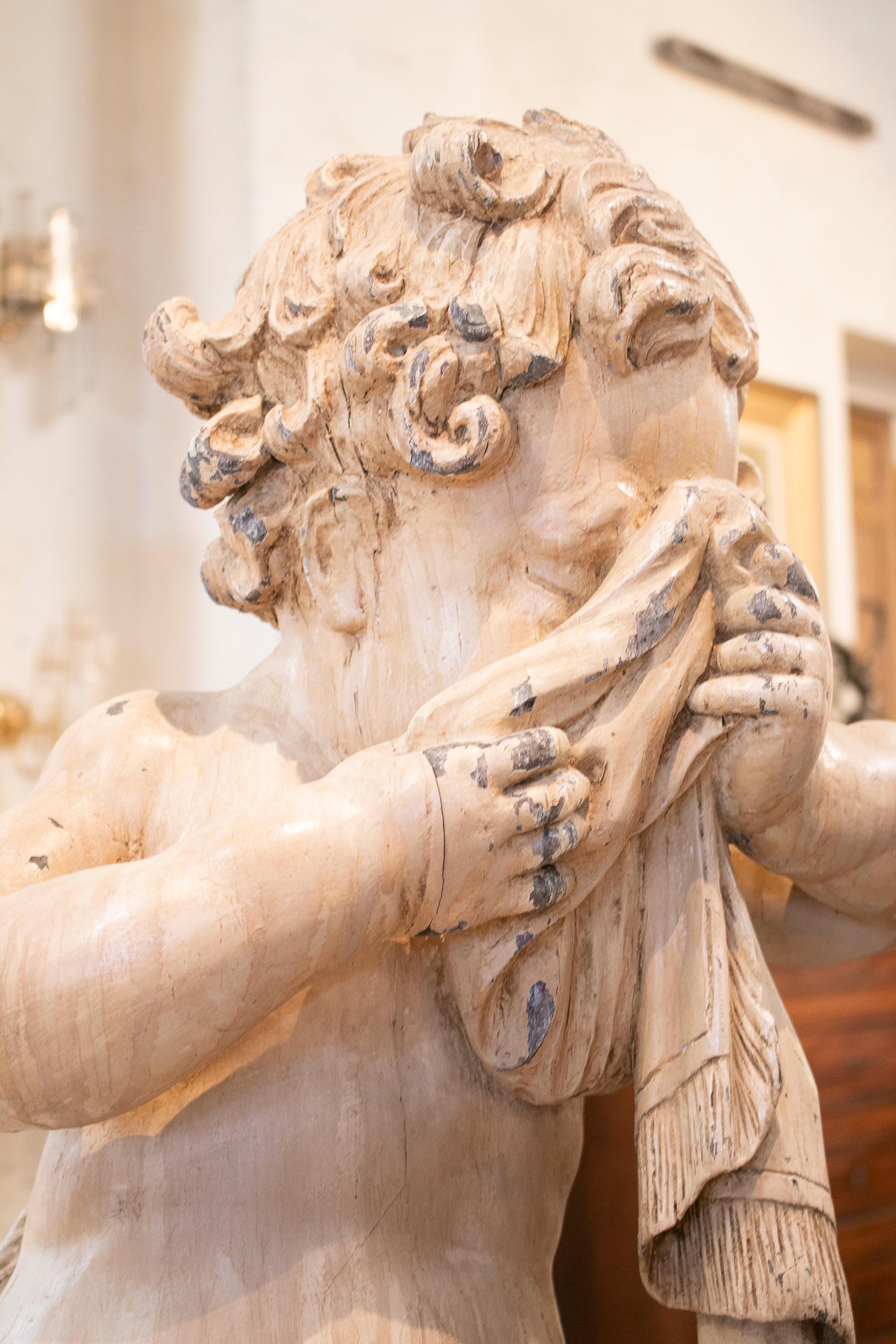 Pair of 18th Century Hand Carved & Painted Wooden Putti Cherubs 2