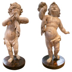 Pair of 18th Century Hand Carved & Painted Wooden Putti Cherubs