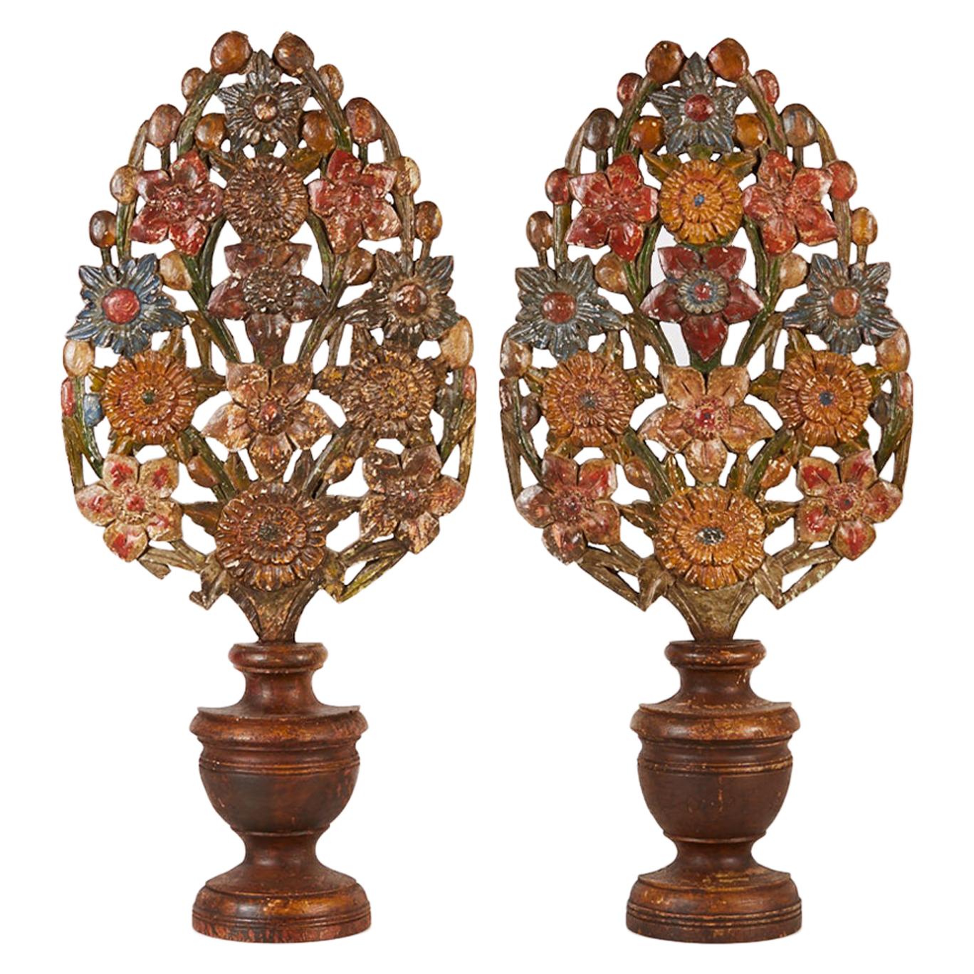 Pair of 18th Century Hand Carved Polychrome Floral Garnitures