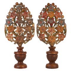 Antique Pair of 18th Century Hand Carved Polychrome Floral Garnitures