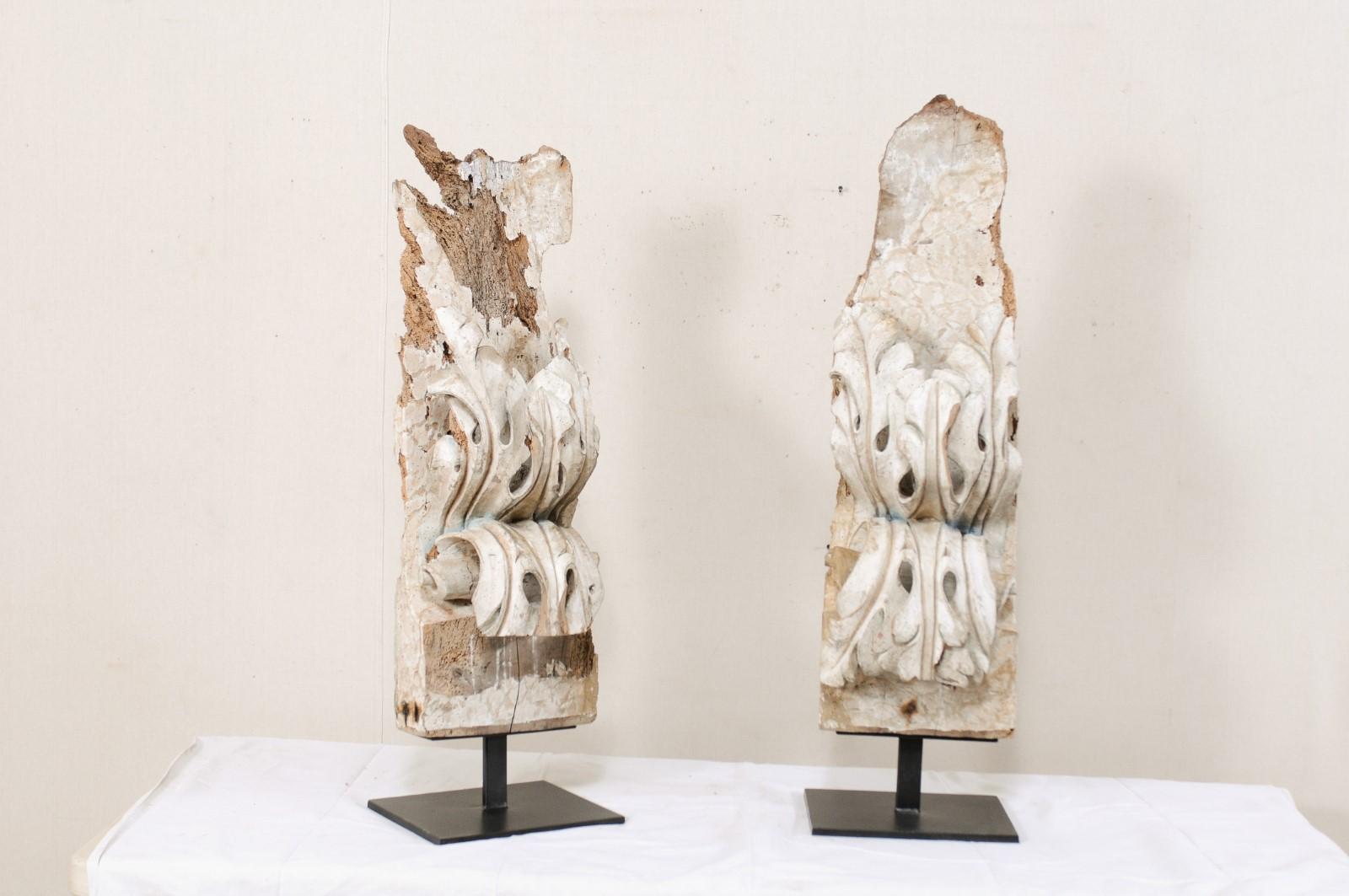 Hand-Carved Pair of 18th Century Hand Carved Wood Italian Fragments on Stands
