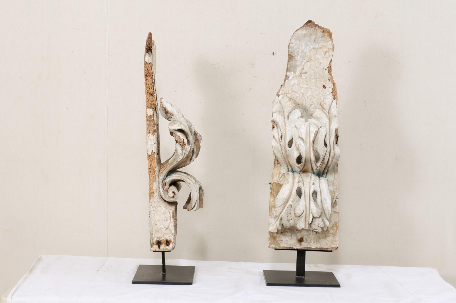 Pair of 18th Century Hand Carved Wood Italian Fragments on Stands In Good Condition In Atlanta, GA