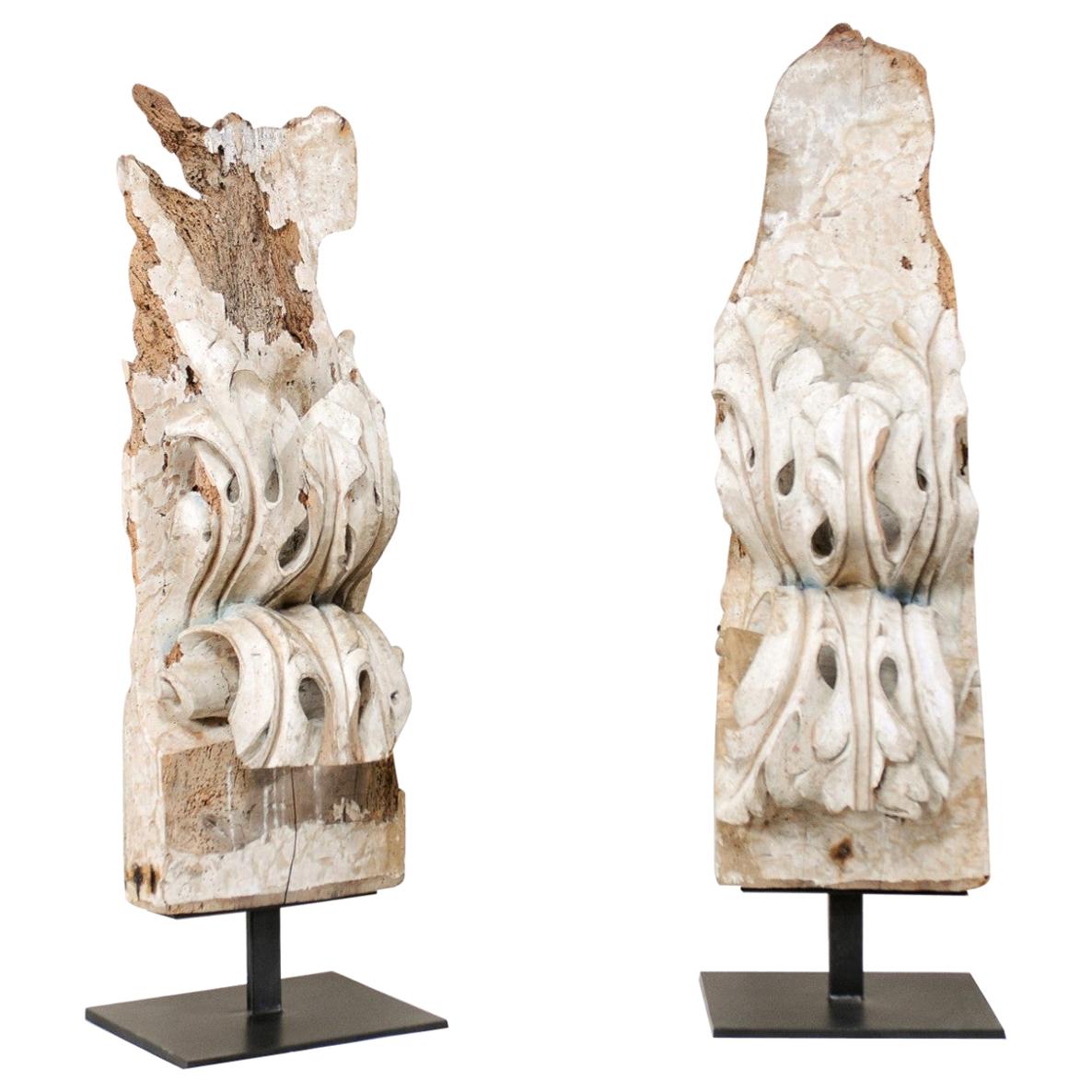 Pair of 18th Century Hand Carved Wood Italian Fragments on Stands