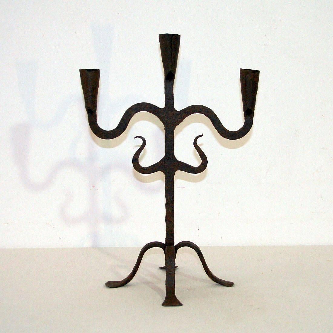 Primitive Pair of 18th Century Hand-Forged Iron Candleholders
