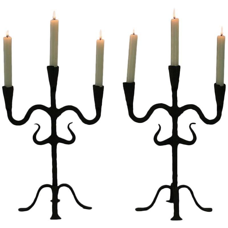 Pair of 18th Century Hand-Forged Iron Candleholders
