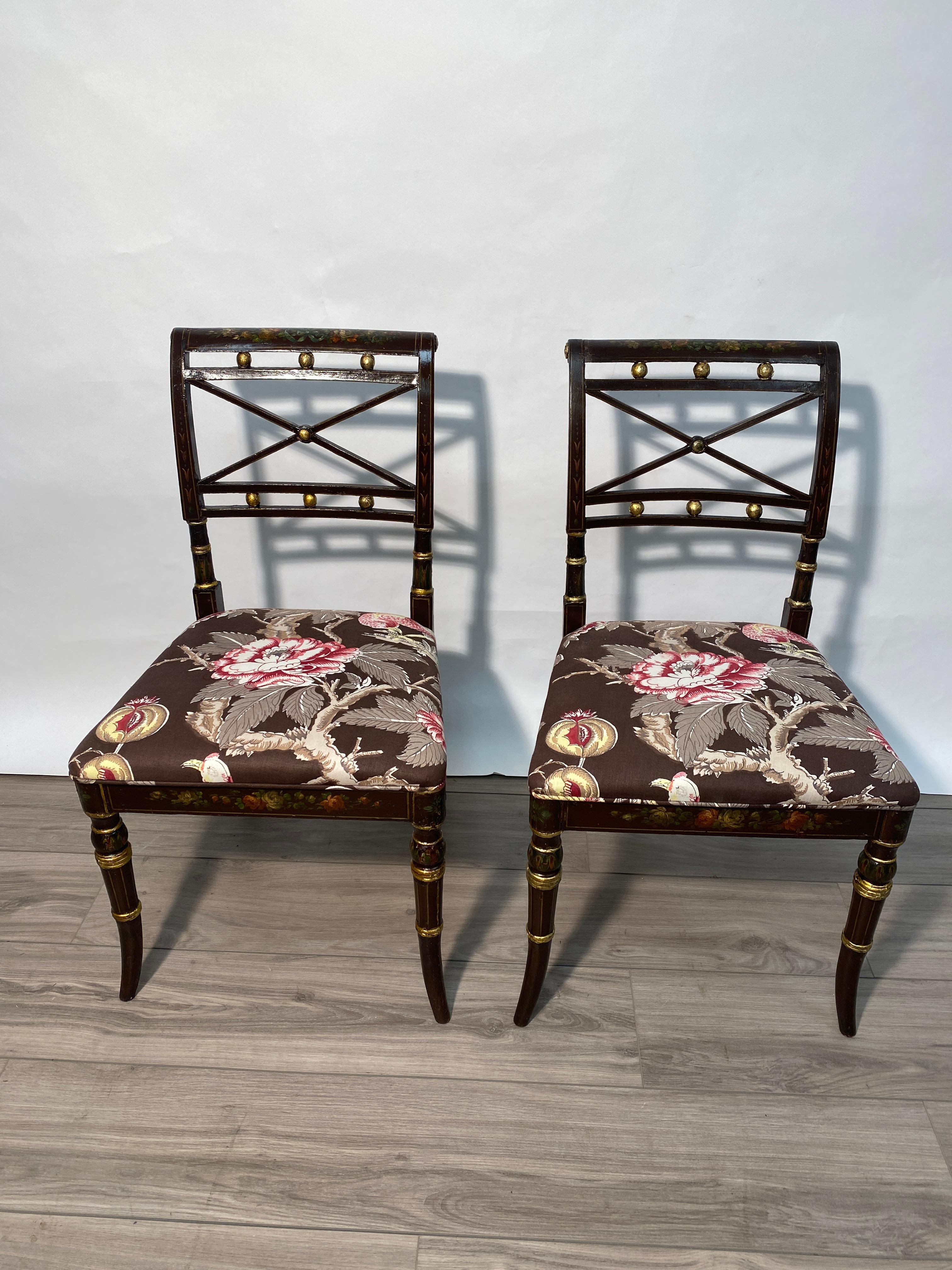 Regency Pair of 18th Century Hand-painted Adams Style Side Chairs 