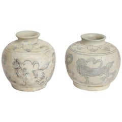 vietnam ceramic vase Pair of 18th Century Hand Painted Vietnamese Small Ceramic Vases