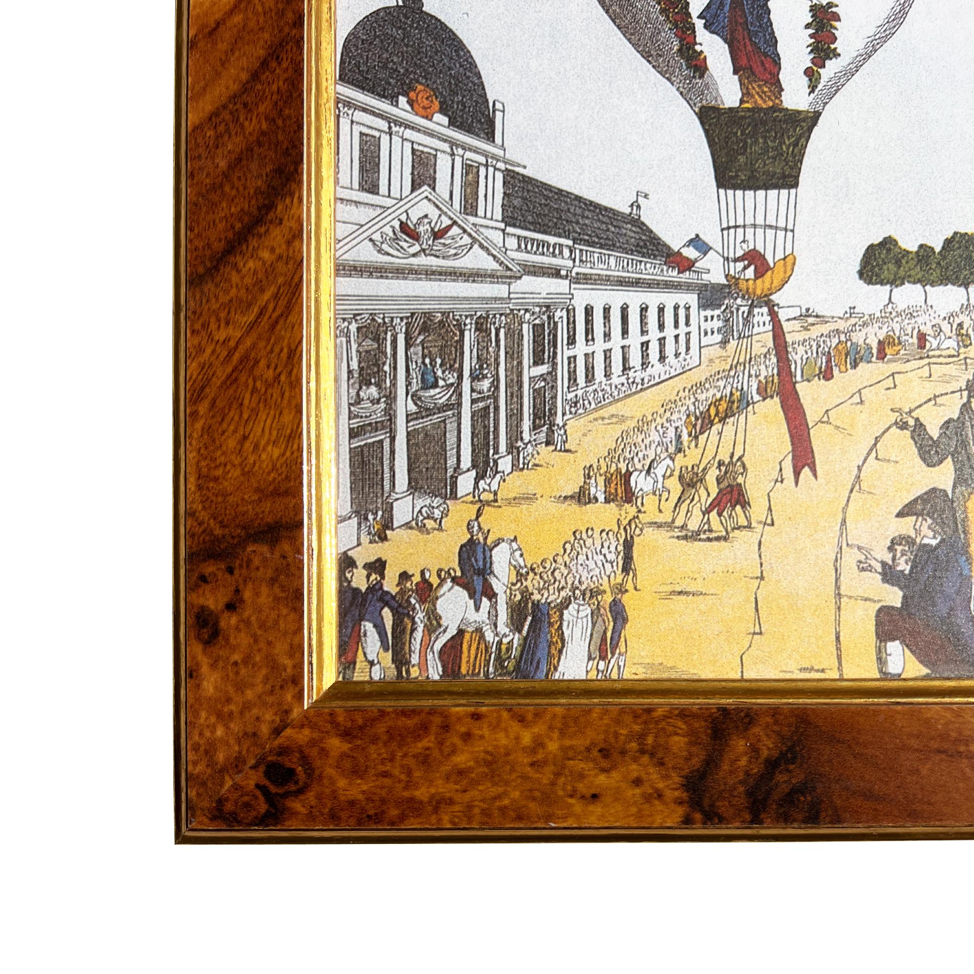 Pair of 18th-Century Hot Air Balloon Lithograph in Burlwood Frames For Sale 4