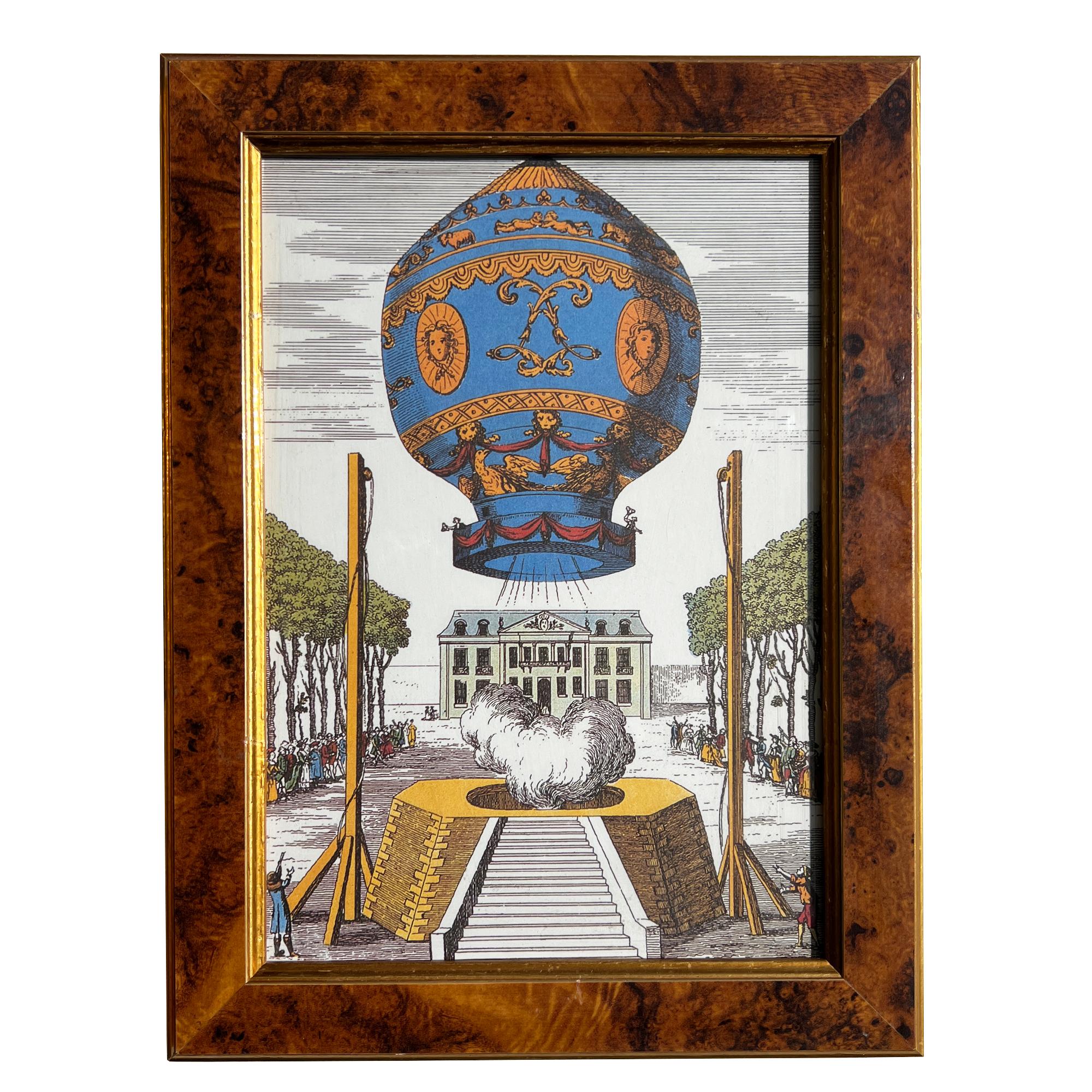 Transport yourself to the wonder and romance of early flight with this pair of hand-colored antique engravings, each depicting the world’s first hot air balloon ascents in 18th-century France. Sourced from a private Santa Fe estate, these framed
