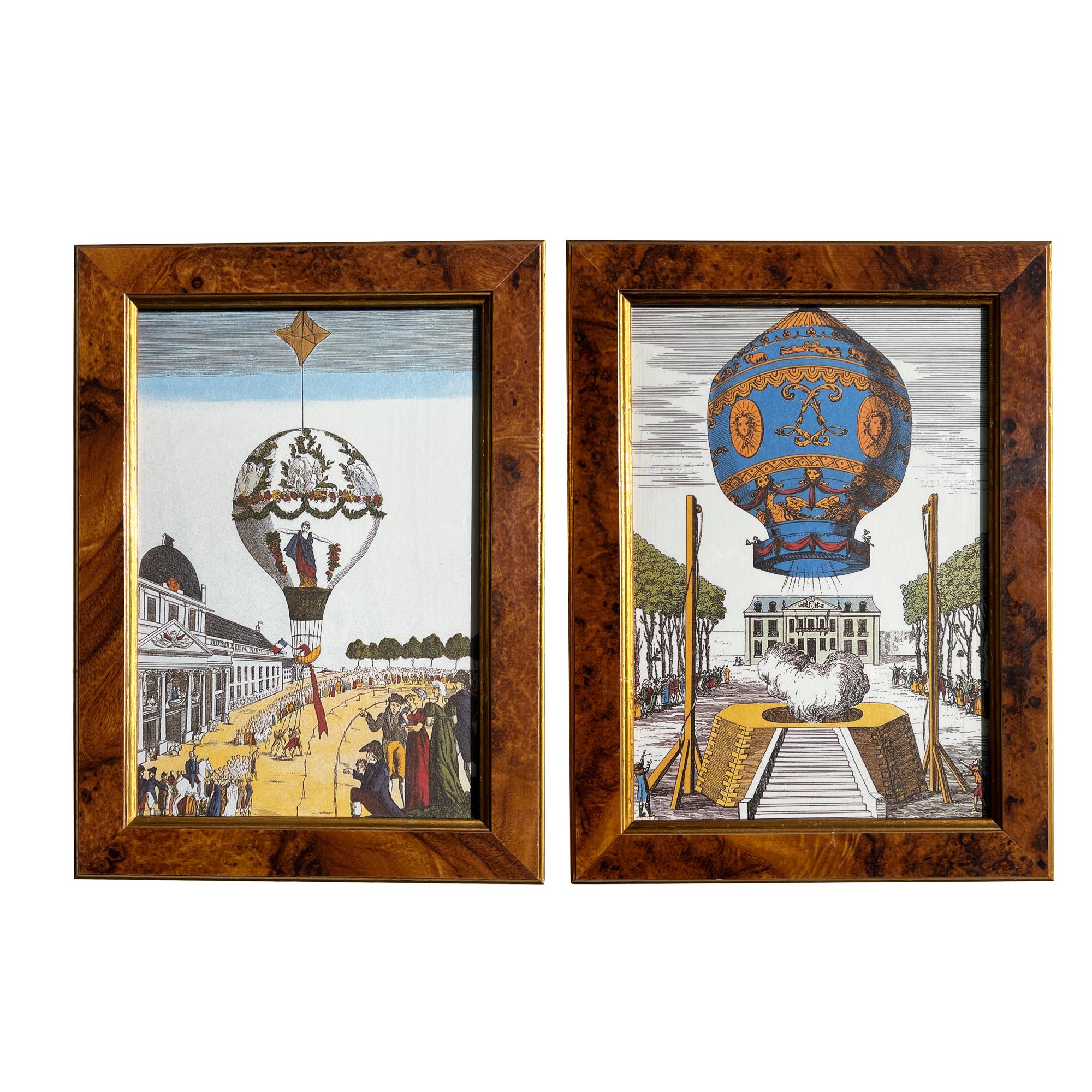 French Pair of 18th-Century Hot Air Balloon Lithograph in Burlwood Frames For Sale