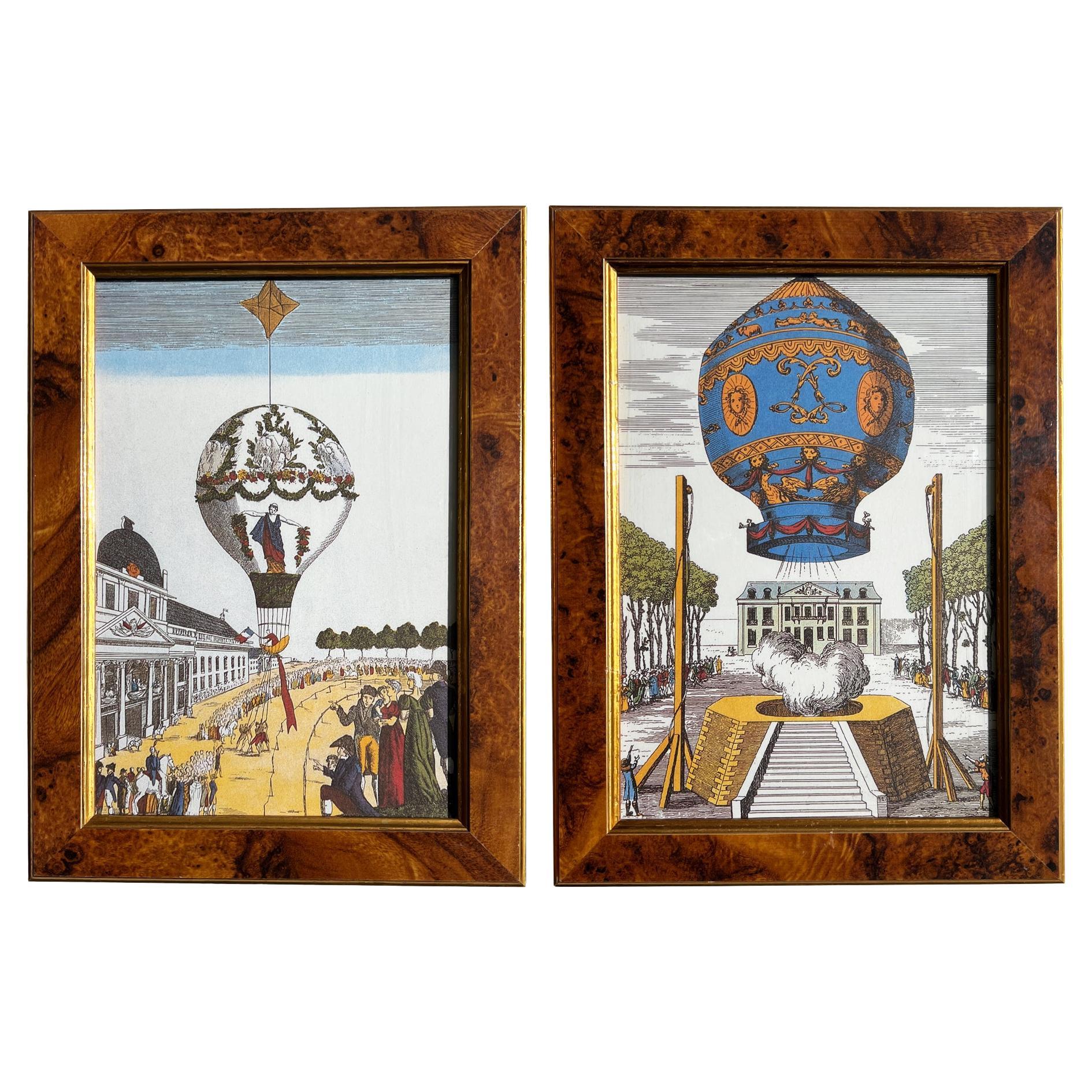 Pair of 18th-Century Hot Air Balloon Lithograph in Burlwood Frames For Sale