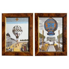 Pair of 18th-Century Hot Air Balloon Lithograph in Burlwood Frames