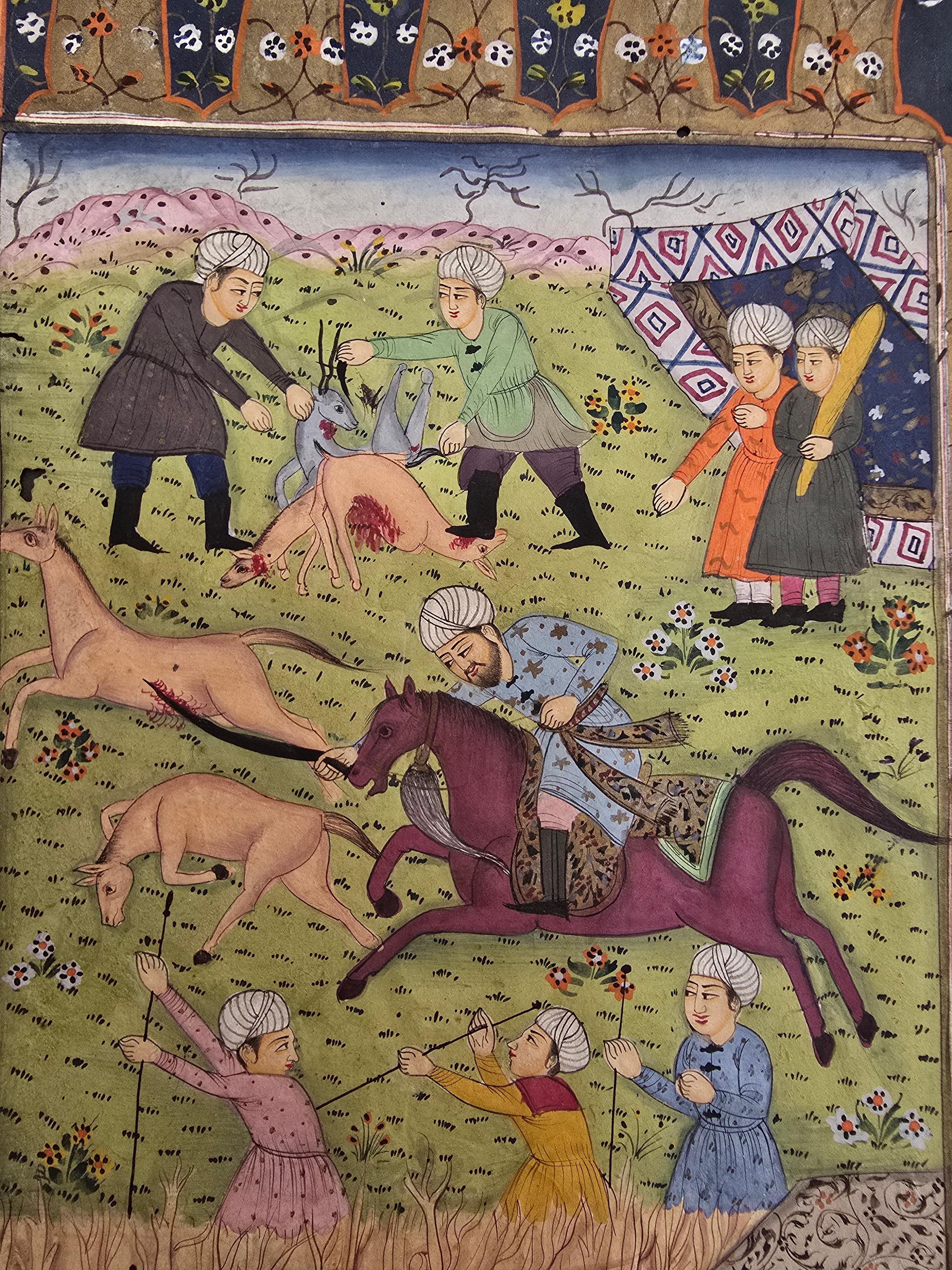 Pair of 18th-Century Illuminated Mughal or Persian Leaves Featuring a Royal Hunt For Sale 5