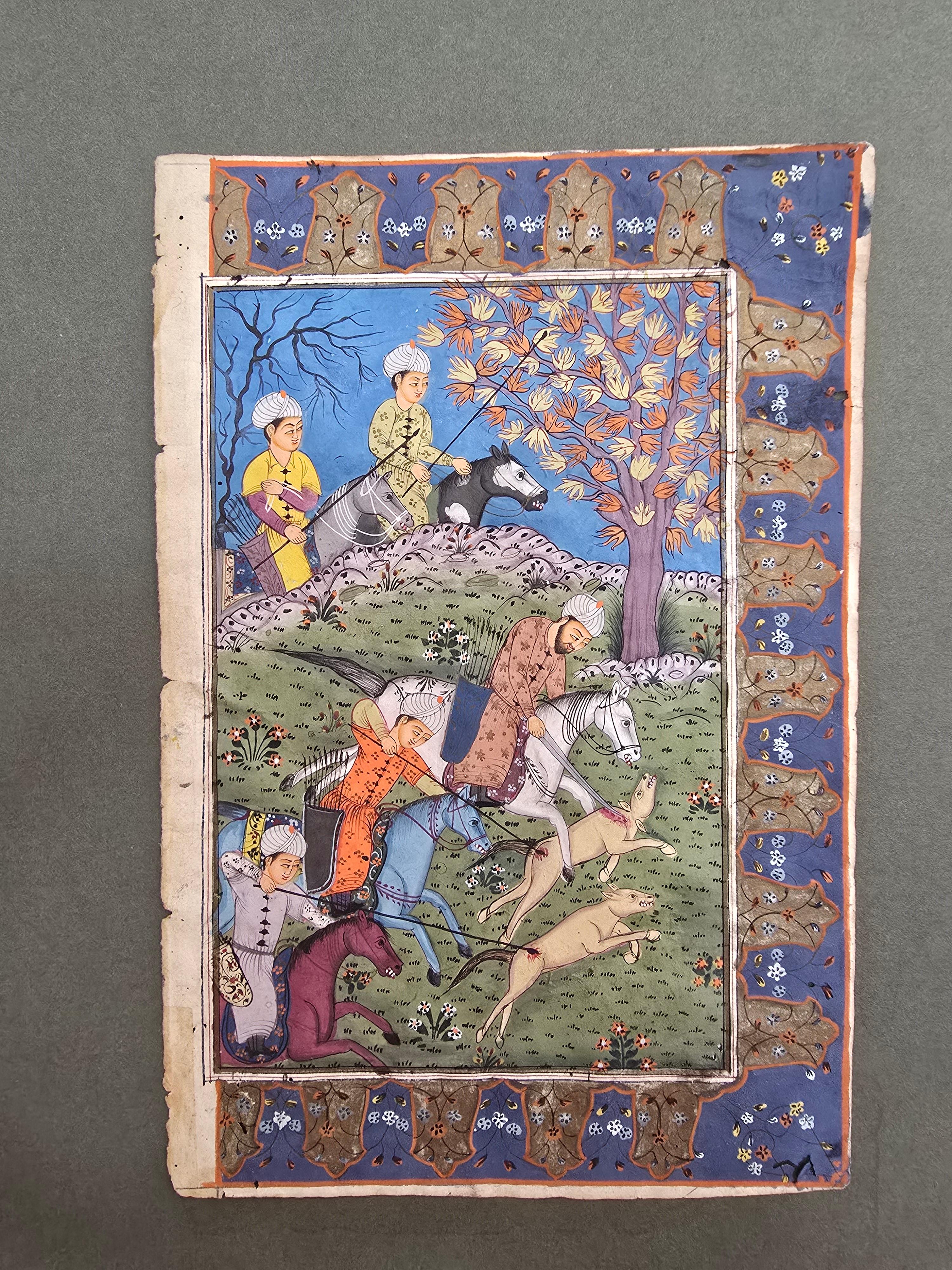 Mid-18th Century Pair of 18th-Century Illuminated Mughal or Persian Leaves Featuring a Royal Hunt For Sale