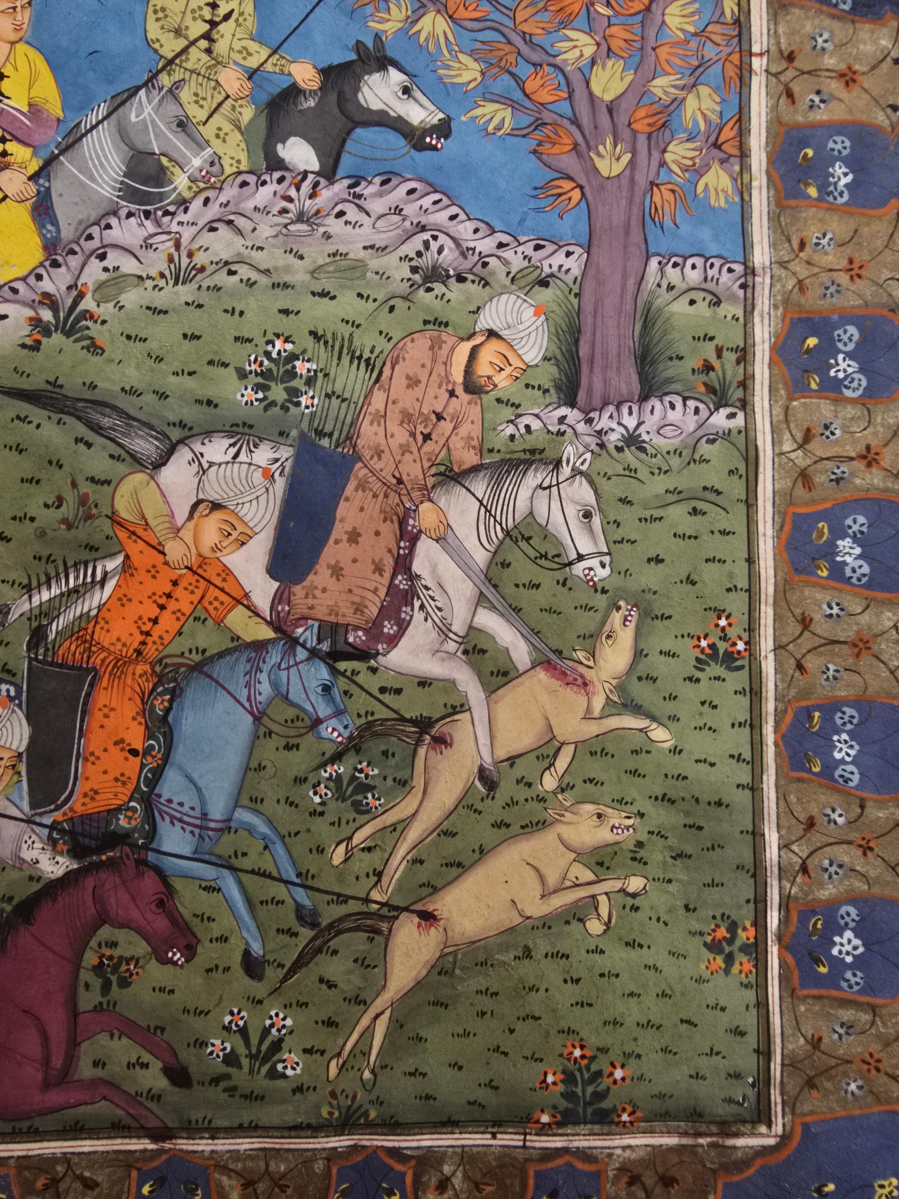 Paper Pair of 18th-Century Illuminated Mughal or Persian Leaves Featuring a Royal Hunt For Sale