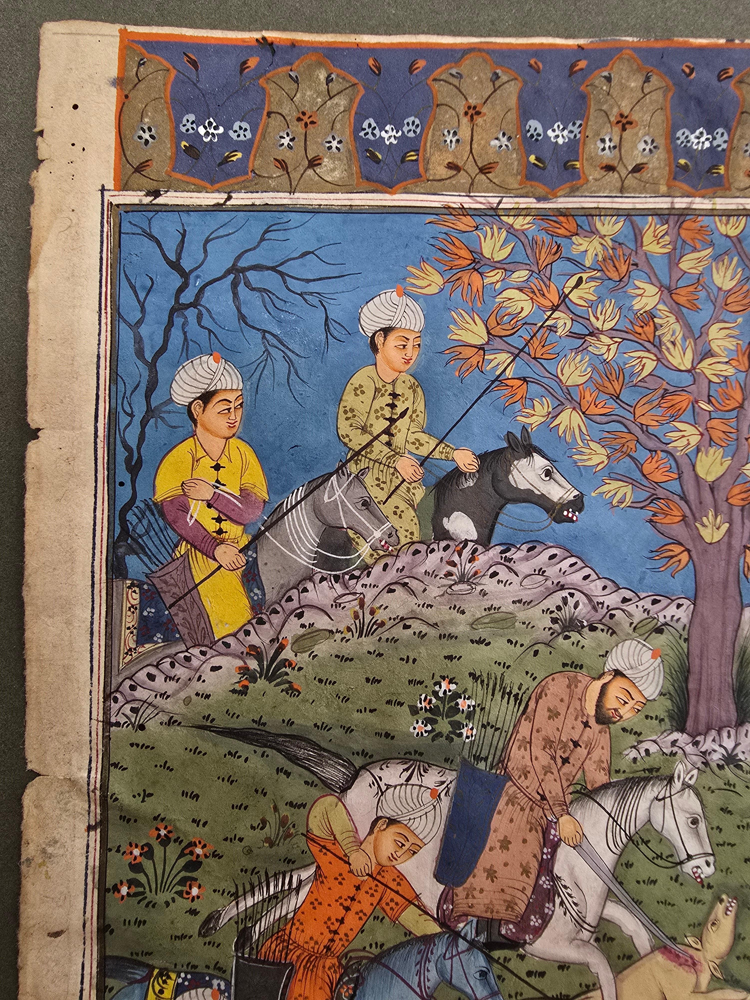 Pair of 18th-Century Illuminated Mughal or Persian Leaves Featuring a Royal Hunt For Sale 1