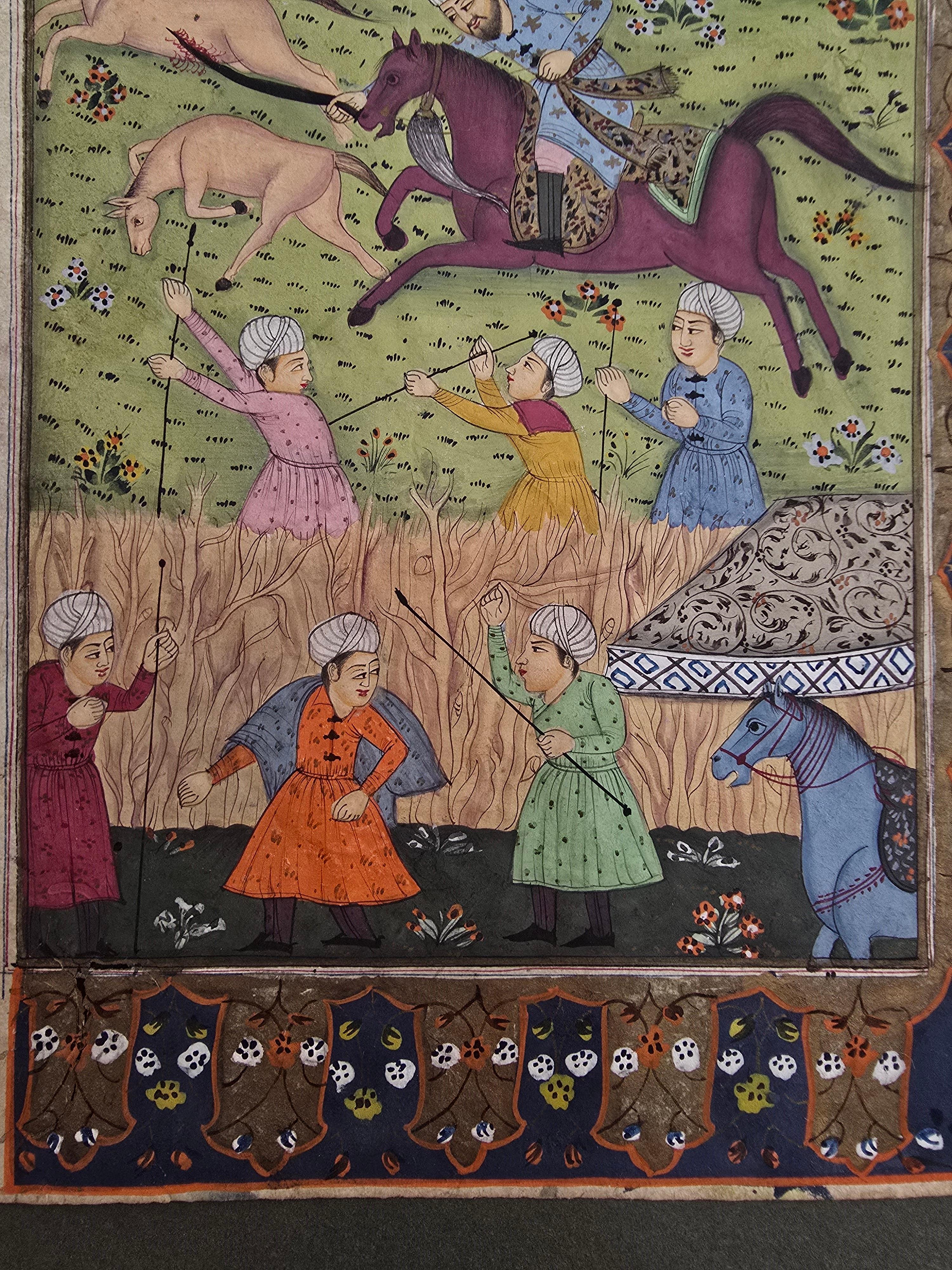 Pair of 18th-Century Illuminated Mughal or Persian Leaves Featuring a Royal Hunt For Sale 4