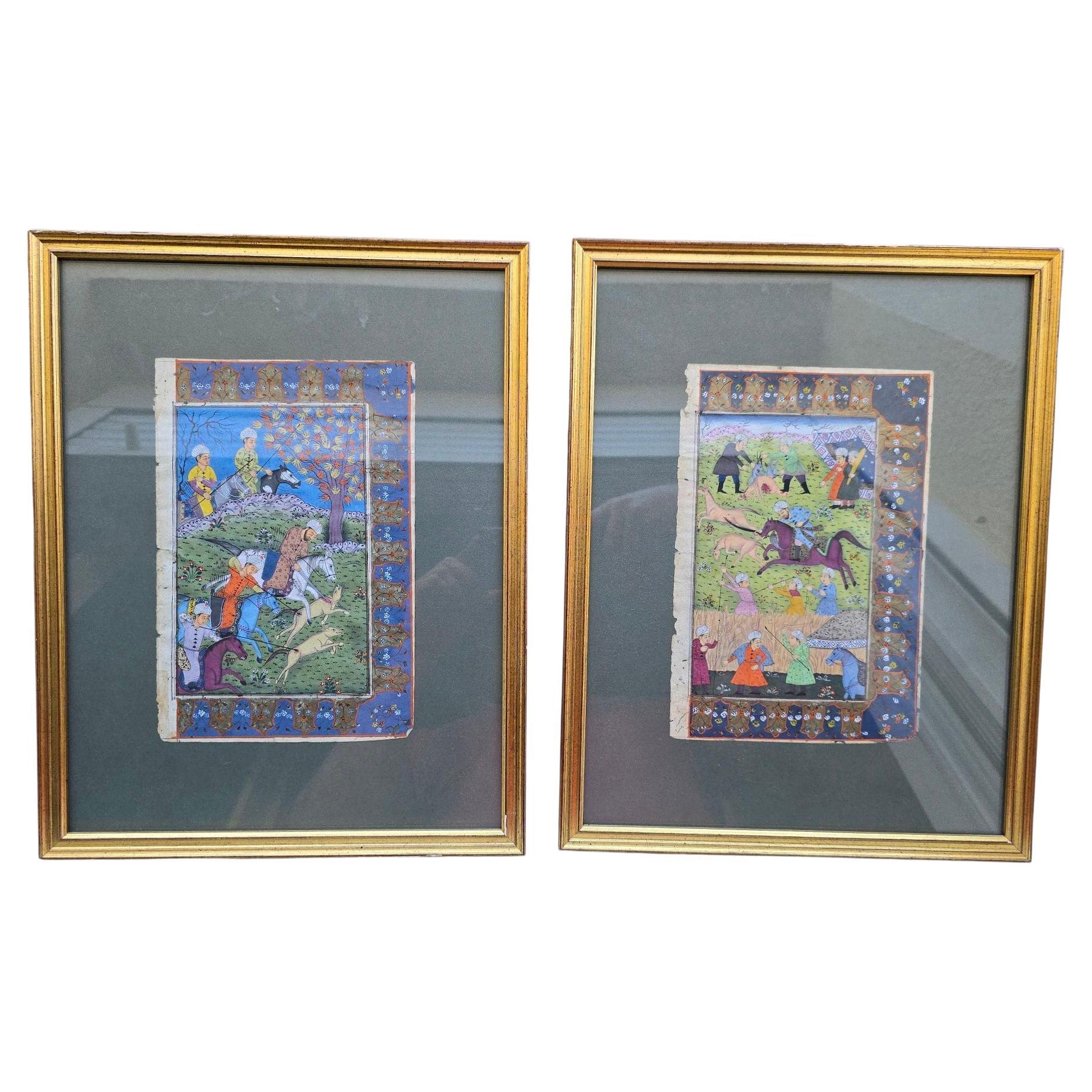 Pair of 18th-Century Illuminated Mughal or Persian Leaves Featuring a Royal Hunt For Sale