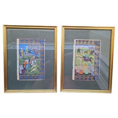 Antique Pair of 18th-Century Illuminated Mughal or Persian Leaves Featuring a Royal Hunt