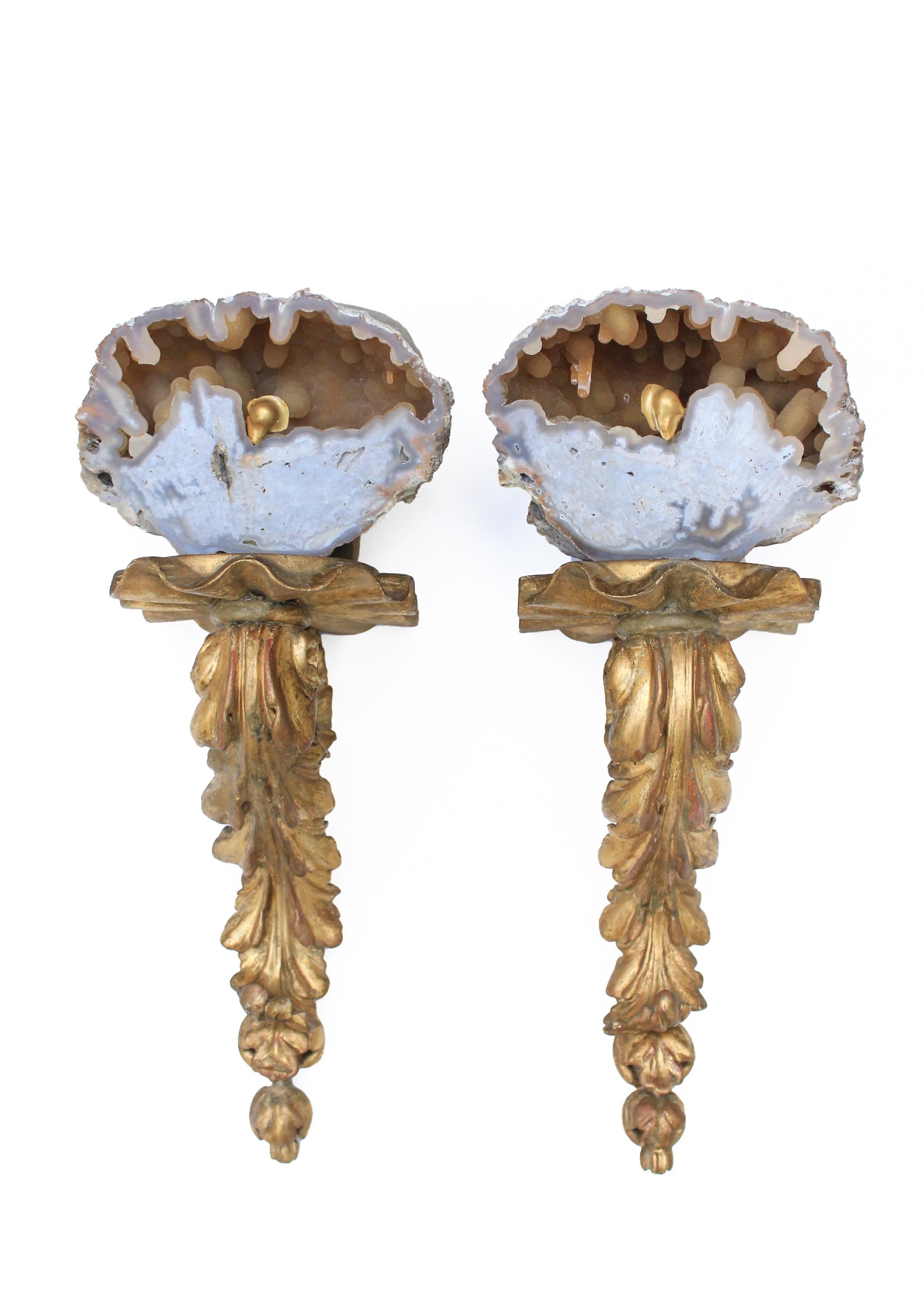Pair of 18th century Irish Georgian sconces with agate coral and coordinating gold leaf baroque pearls.

Fossil agate coral is Florida's state stone and is known for its unique formation that can take place over 20 million years. It's a natural