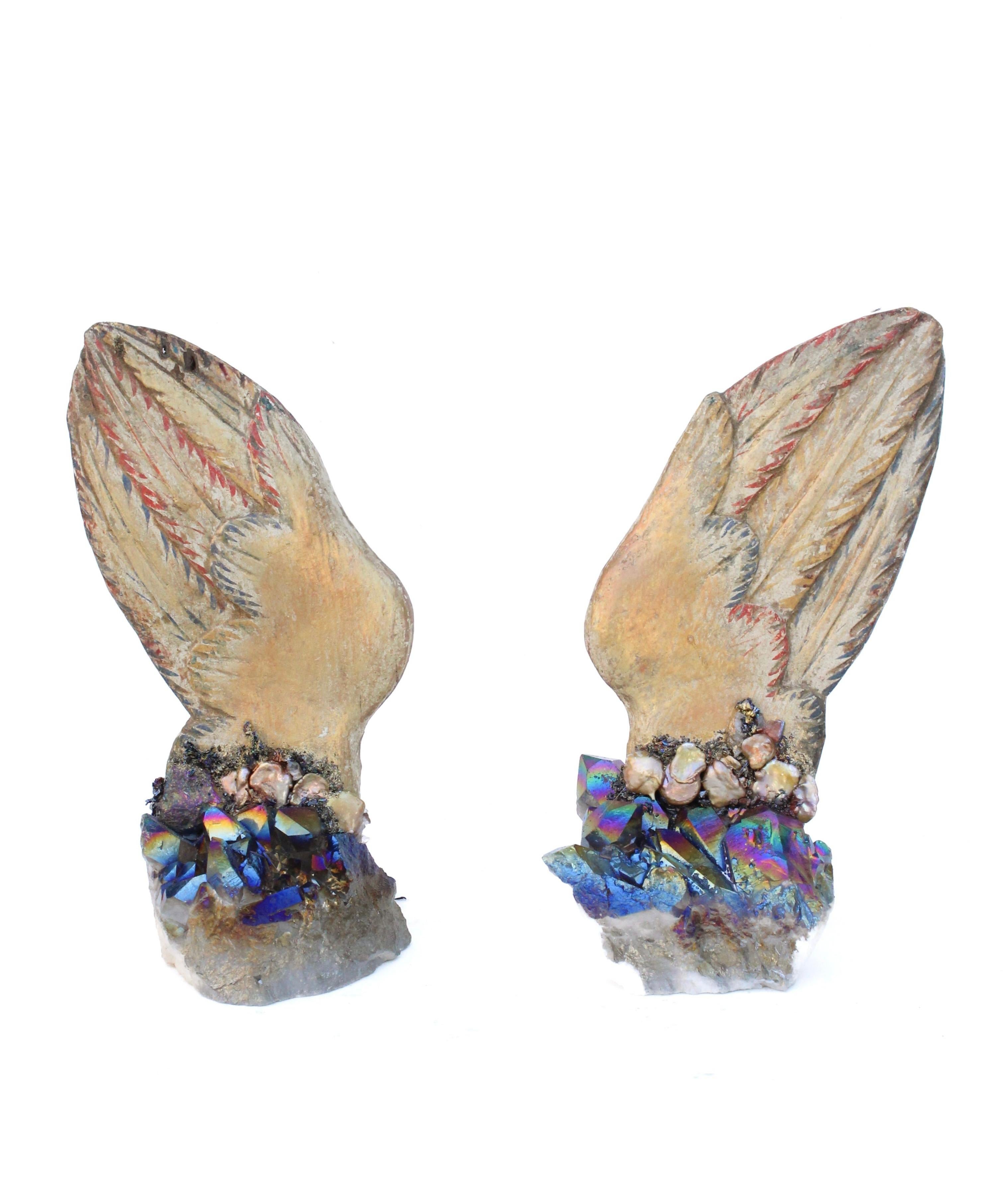 Pair of 18th century Italian hand-carved and painted angel wings on titanium plated quartz crystal clusters with natural-forming baroque pearls.

The hand-carved multi-colored angel wings are originally from a historical church in Venice, Italy.