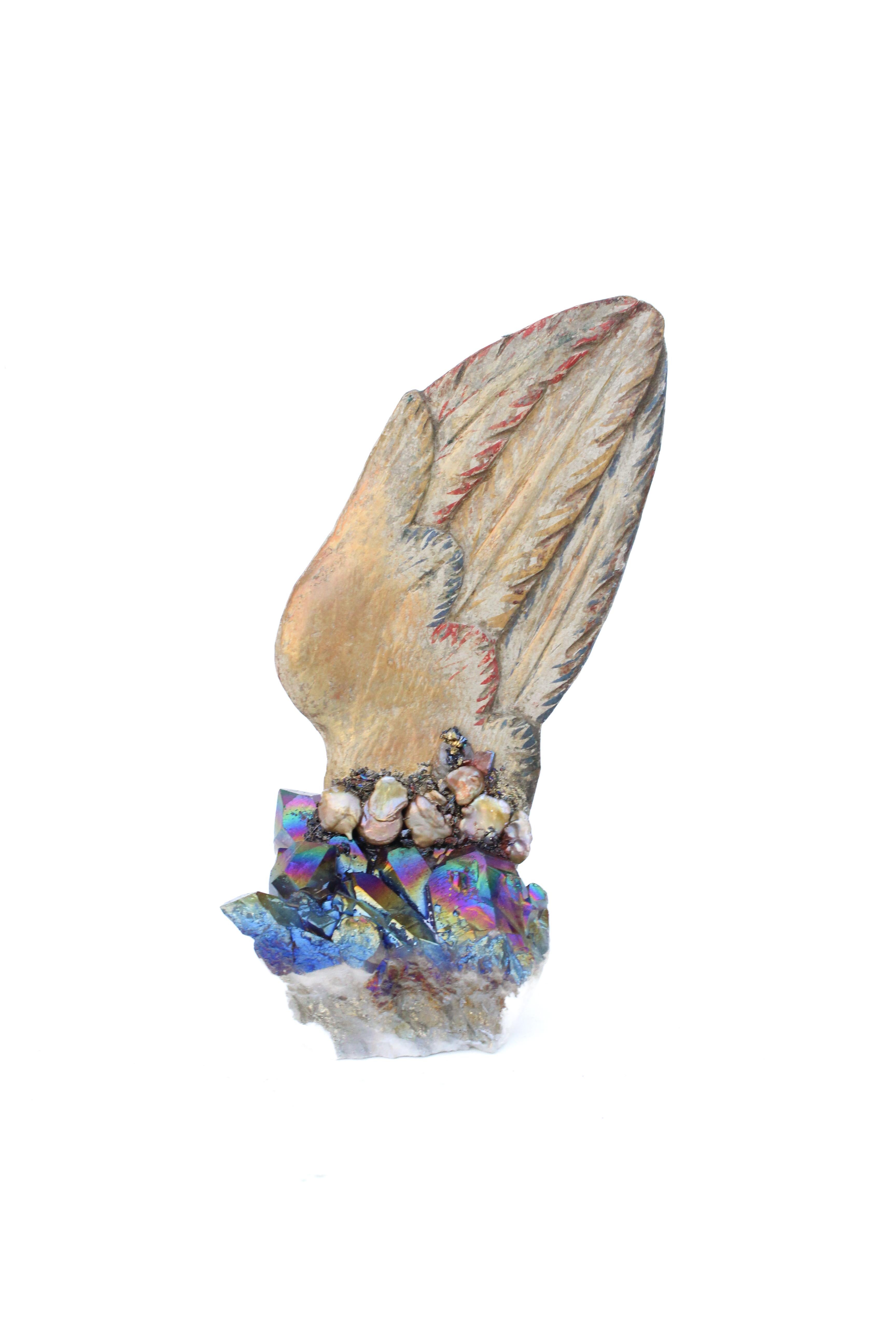 Hand-Carved Pair of 18th Century Italian Angel Wings on Iridescent Titanium Quartz Crystals For Sale