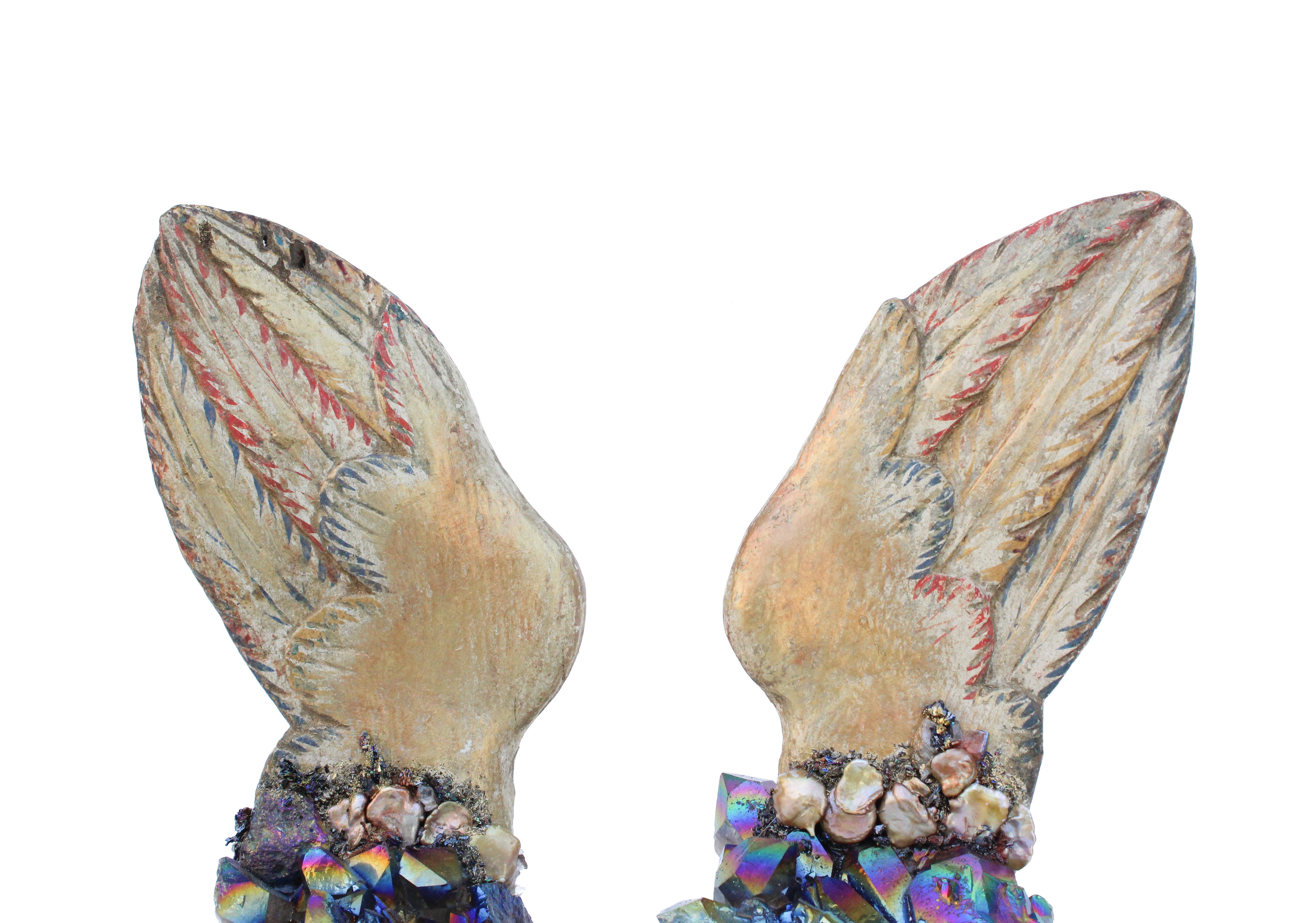 Pair of 18th Century Italian Angel Wings on Iridescent Titanium Quartz Crystals In Good Condition For Sale In Dublin, Dalkey