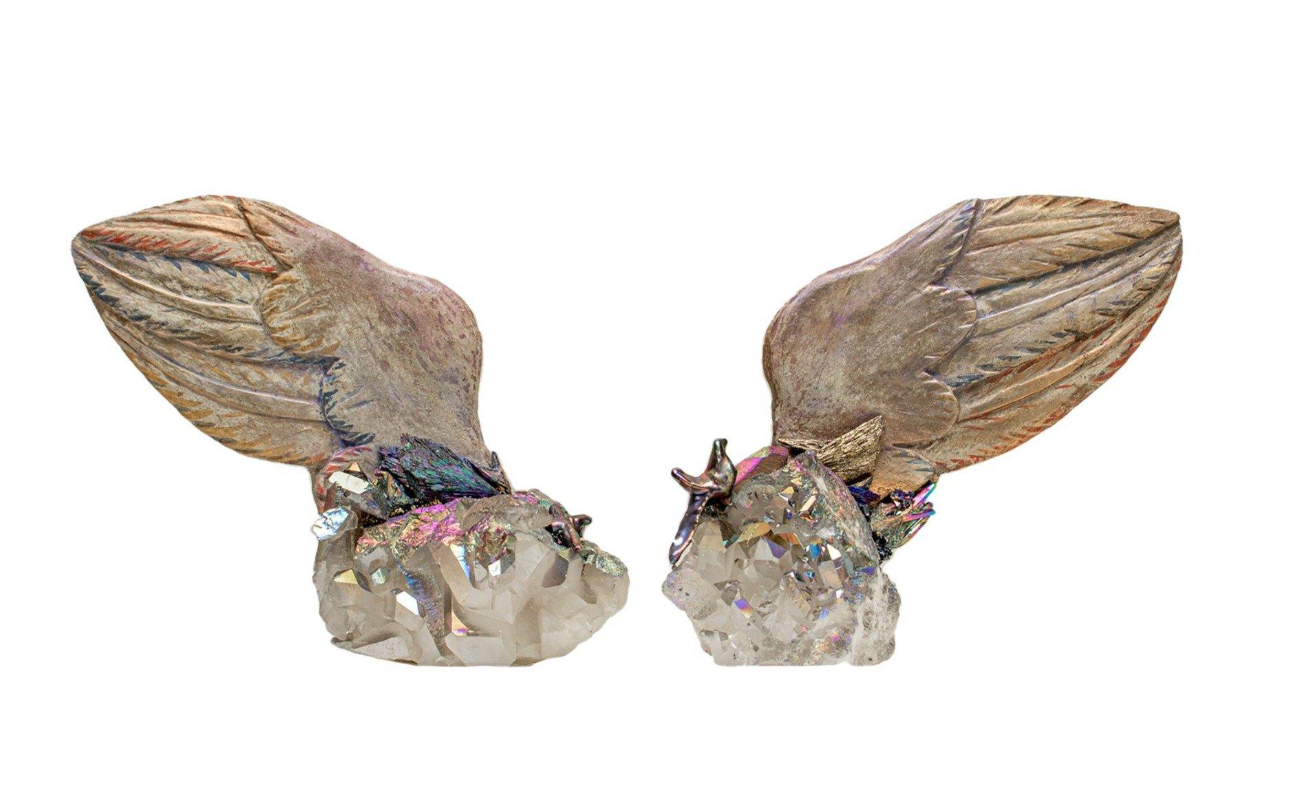Pair of 18th century Italian hand-carved and painted angel wings on titanium quartz crystal clusters with natural-forming baroque pearls in the shape of a cross and gold and titanium plated kyanite.

The hand-carved multi-colored angel wings are