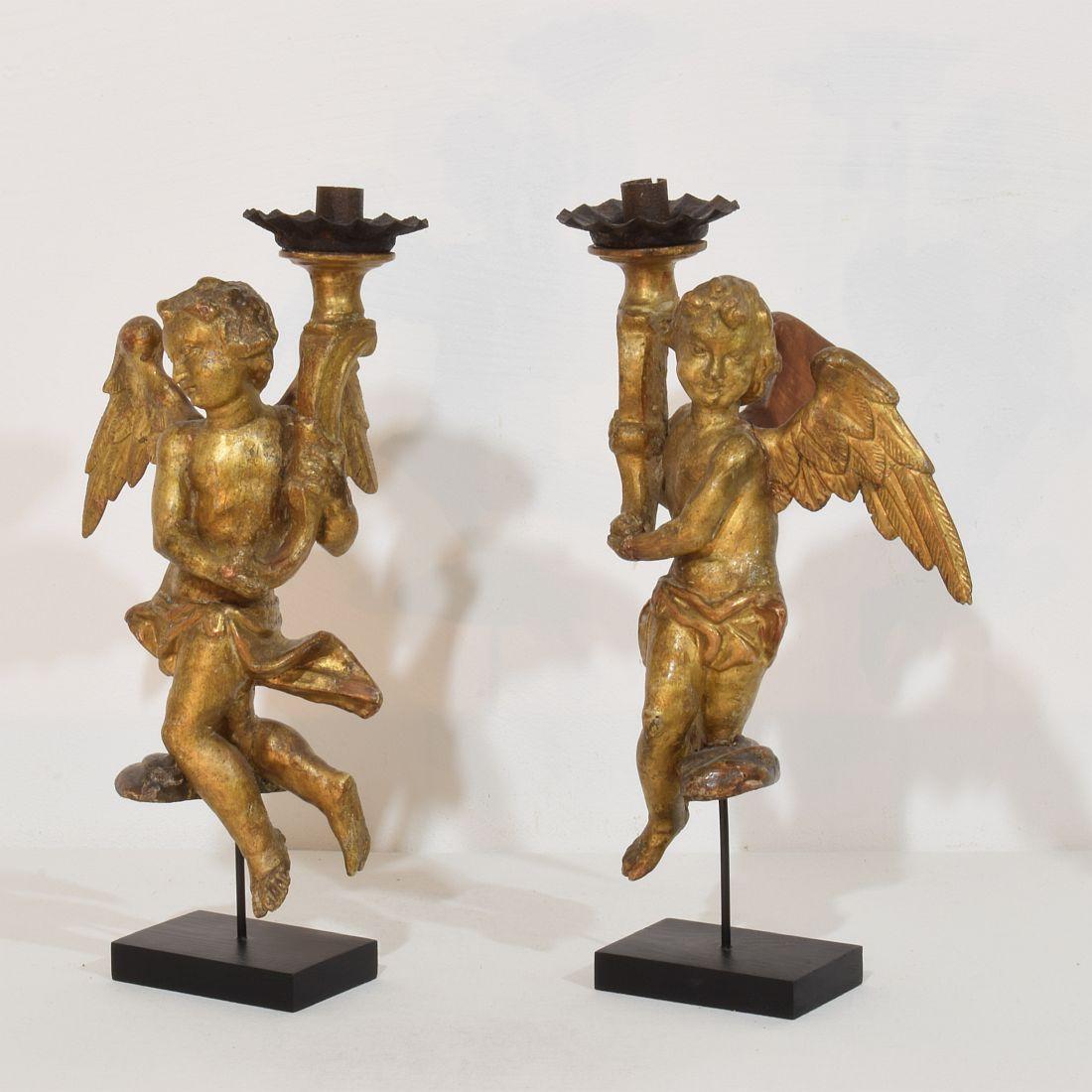 Hand-Carved Pair of 18th Century Italian Baroque Angels with Candleholders