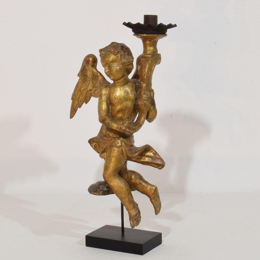 Wood Pair of 18th Century Italian Baroque Angels with Candleholders