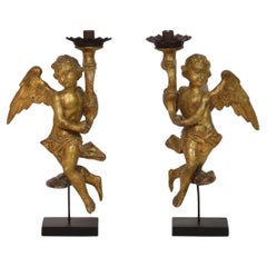 Pair of 18th Century Italian Baroque Angels with Candleholders