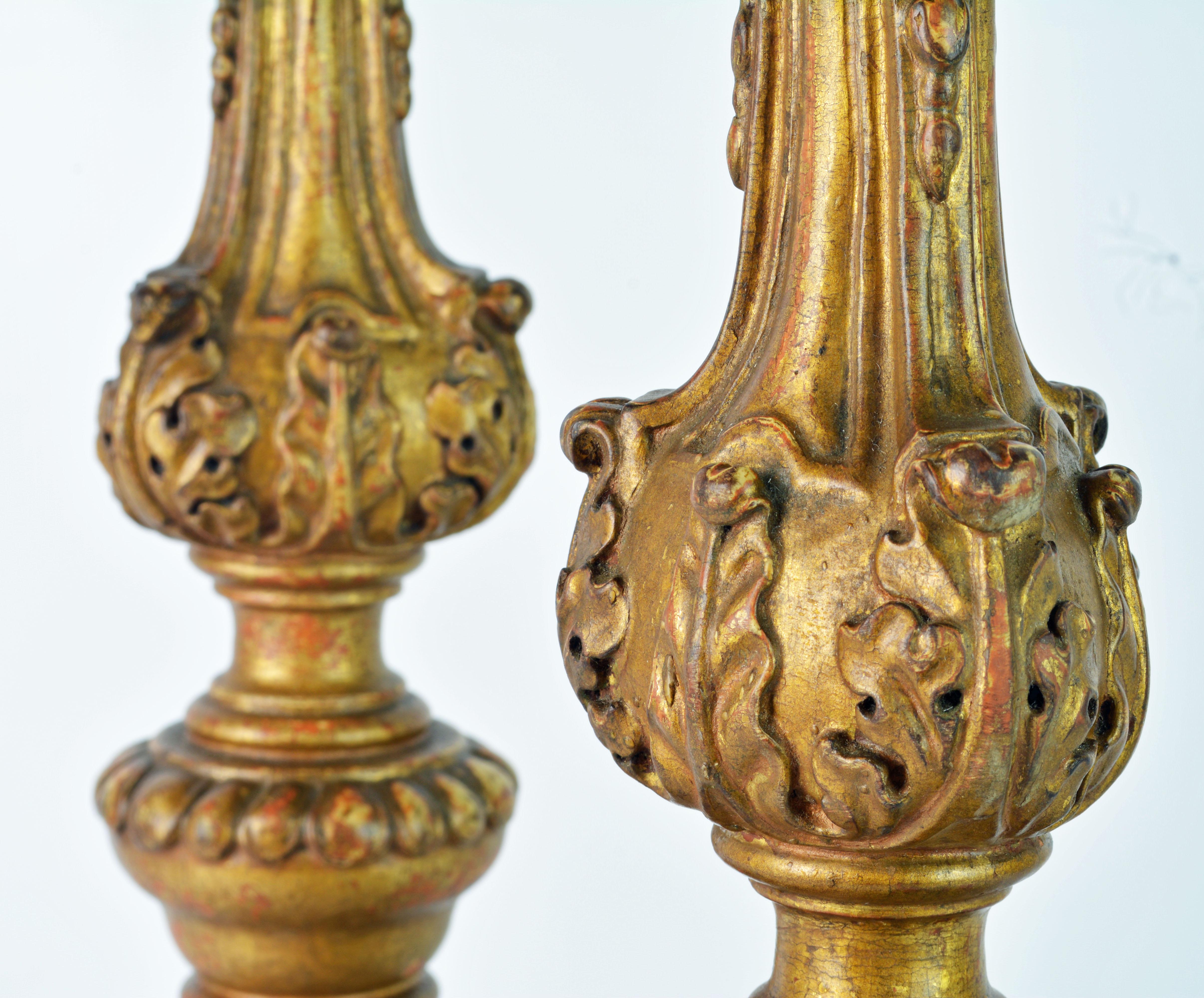 Pair of 18th Century Italian Baroque Carved Giltwood Altar Prickets 2