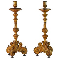Pair of 18th Century Italian Baroque Carved Giltwood Altar Prickets