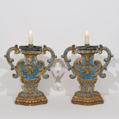 Pair of 18th Century Italian Baroque Carved Wooden Candleholders