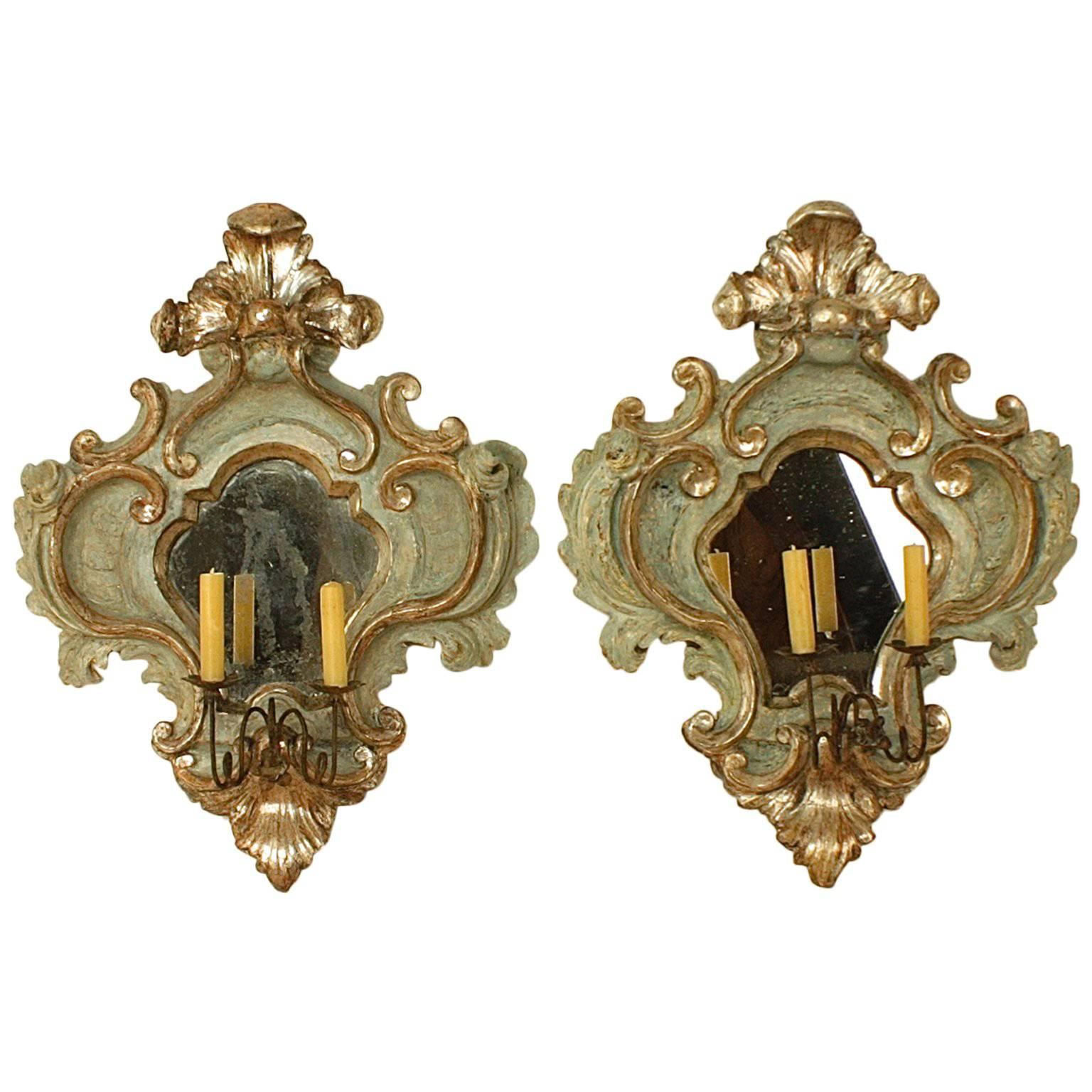 Pair of 18th Century Italian Baroque Painted and Silvered Sconces or Wall Lights