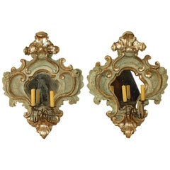 Antique Pair of 18th Century Italian Baroque Painted and Silvered Sconces or Wall Lights