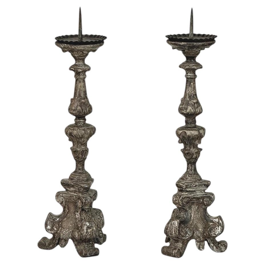 Pair of 18th Century Italian Baroque Silver Gilded Candlesticks