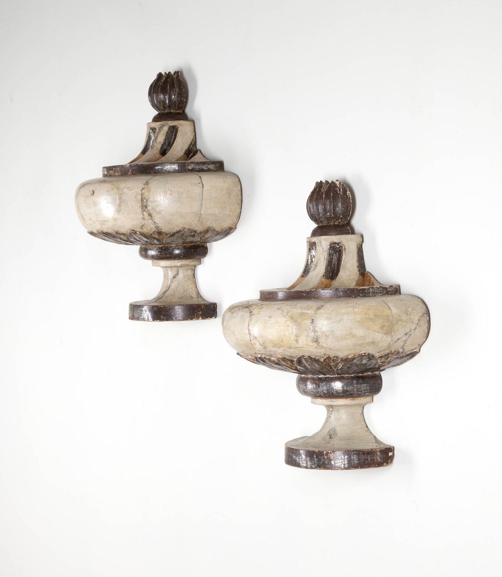 Pair of 18th Century Italian decorative wooden finials. Baroque style with original paint.