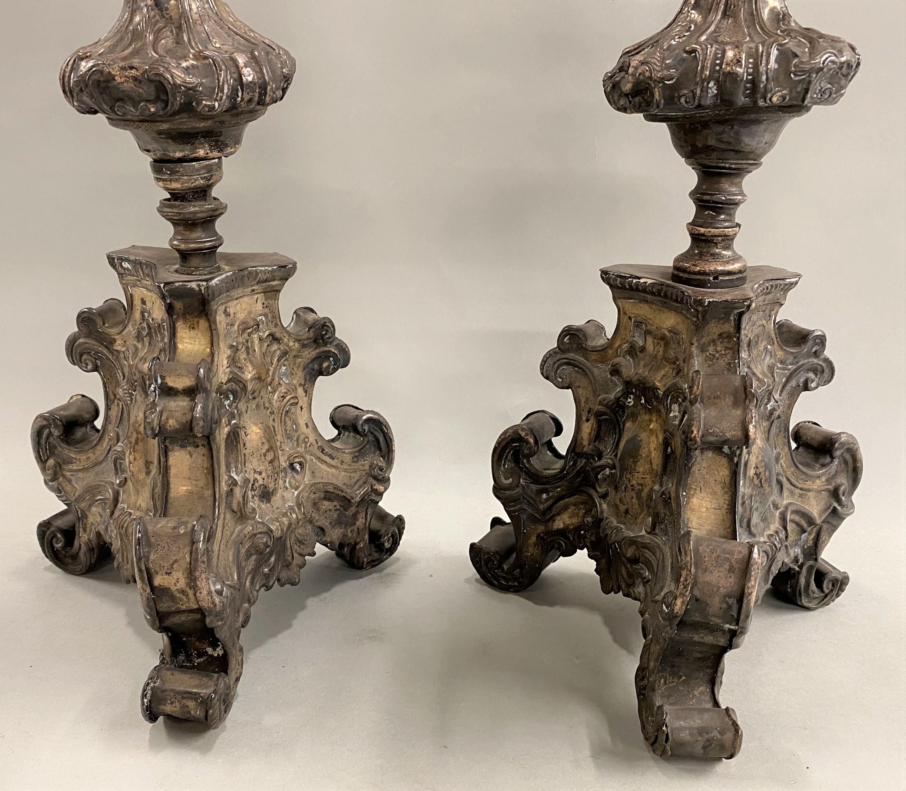 Pair of 18th Century Italian Baroque Style Pressed Metal Candlesticks In Good Condition For Sale In Milford, NH