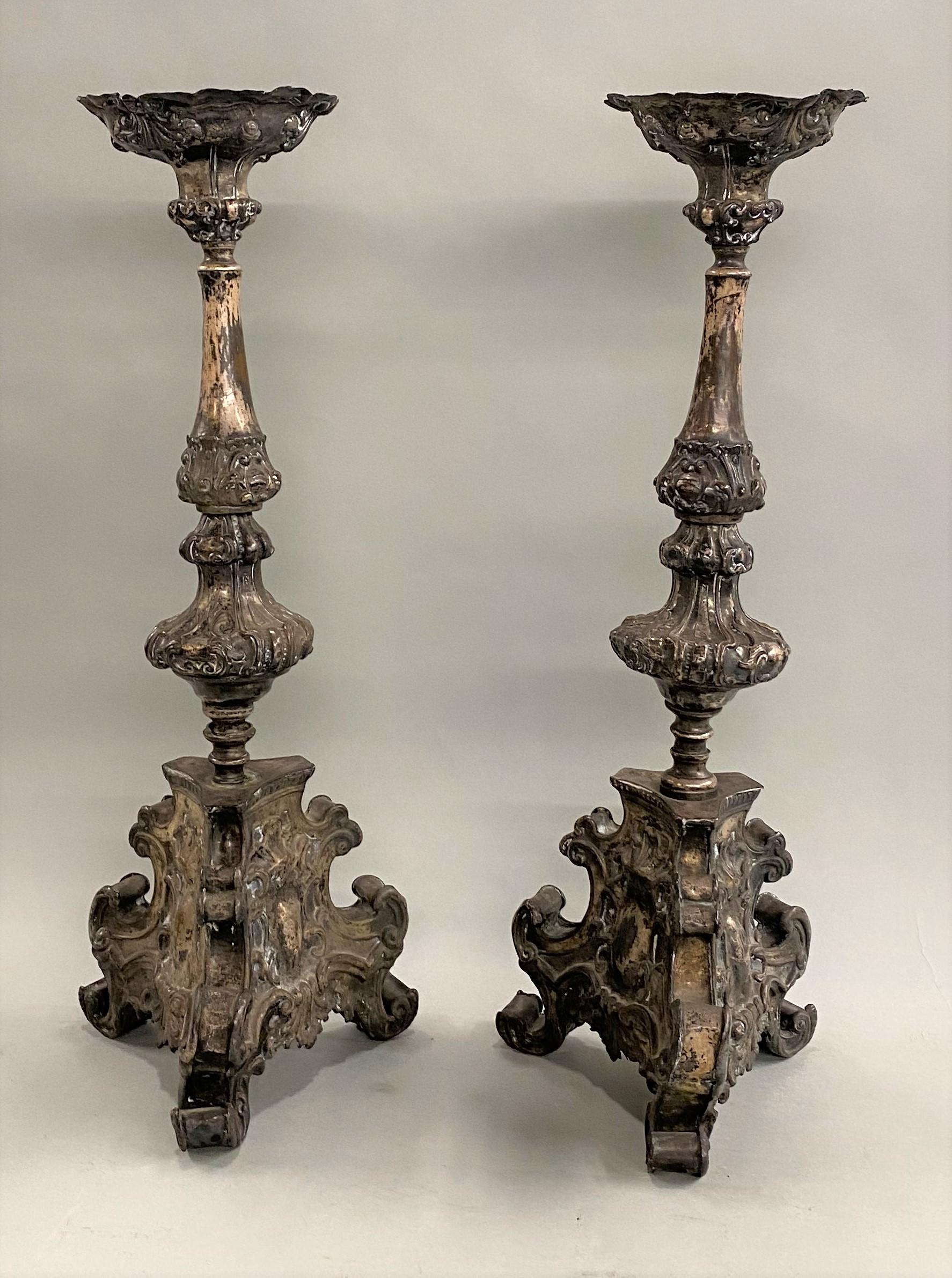 18th Century and Earlier Pair of 18th Century Italian Baroque Style Pressed Metal Candlesticks For Sale