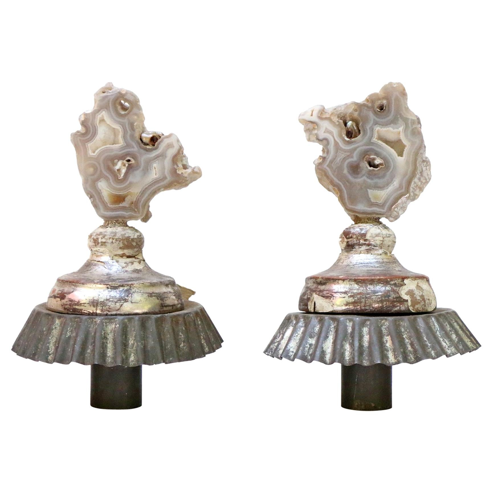 Pair of 18th Century Italian Candlestick Tops with Agate Coral and Baroque Pearl