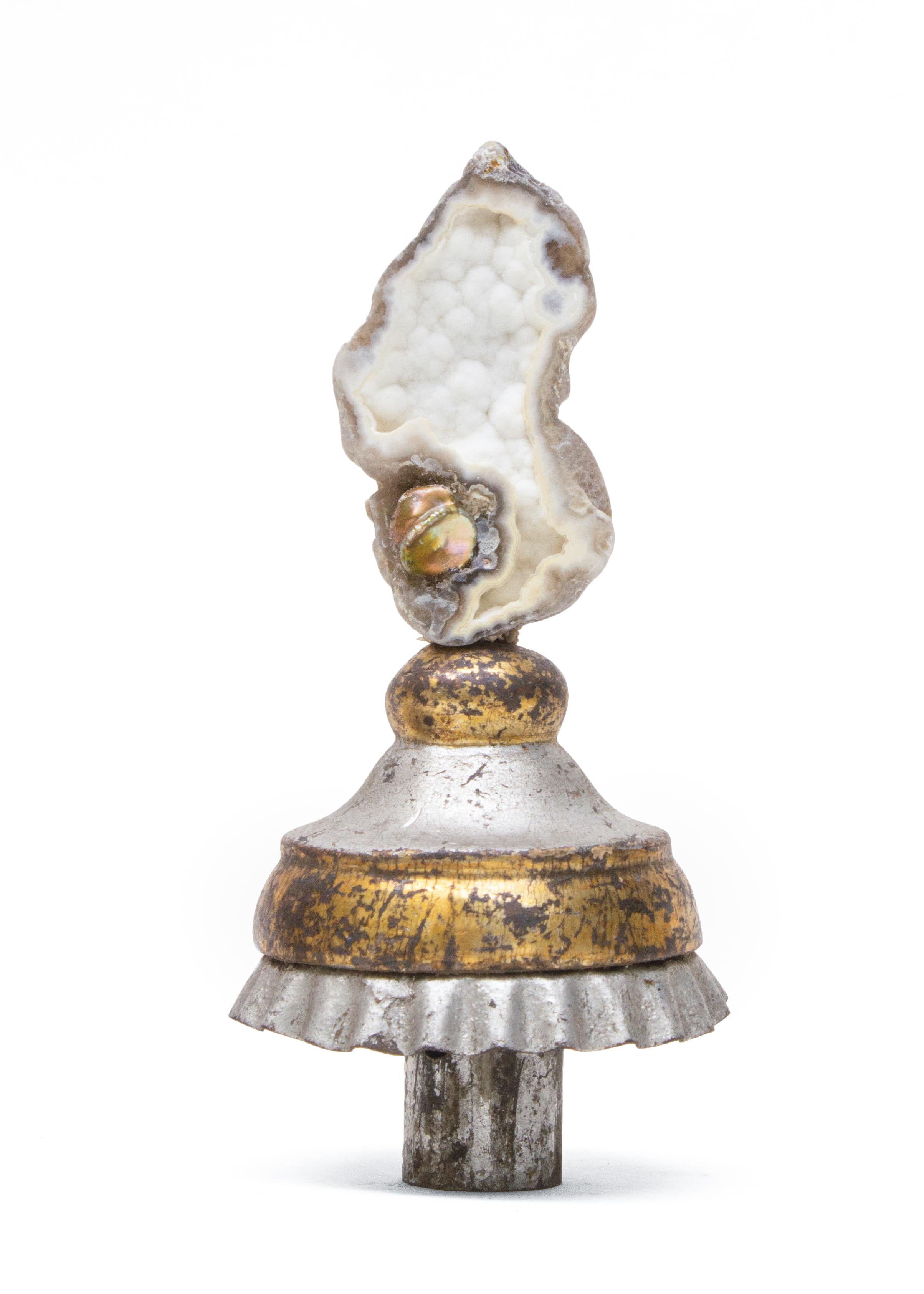 Hand-Carved Pair of 18th Century Italian Candlestick Tops with Agate Coral & Baroque Pearls
