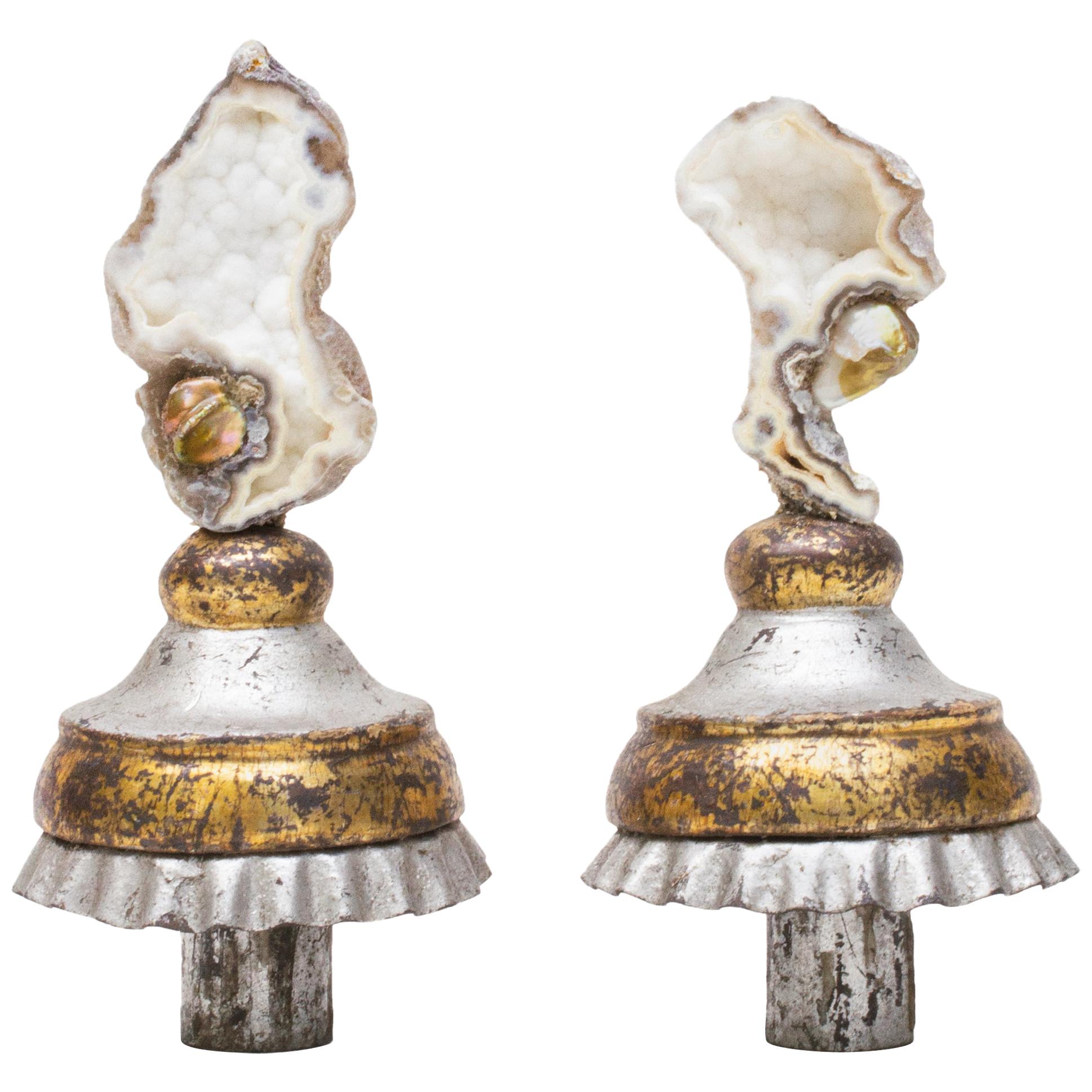 Pair of 18th Century Italian Candlestick Tops with Agate Coral & Baroque Pearls