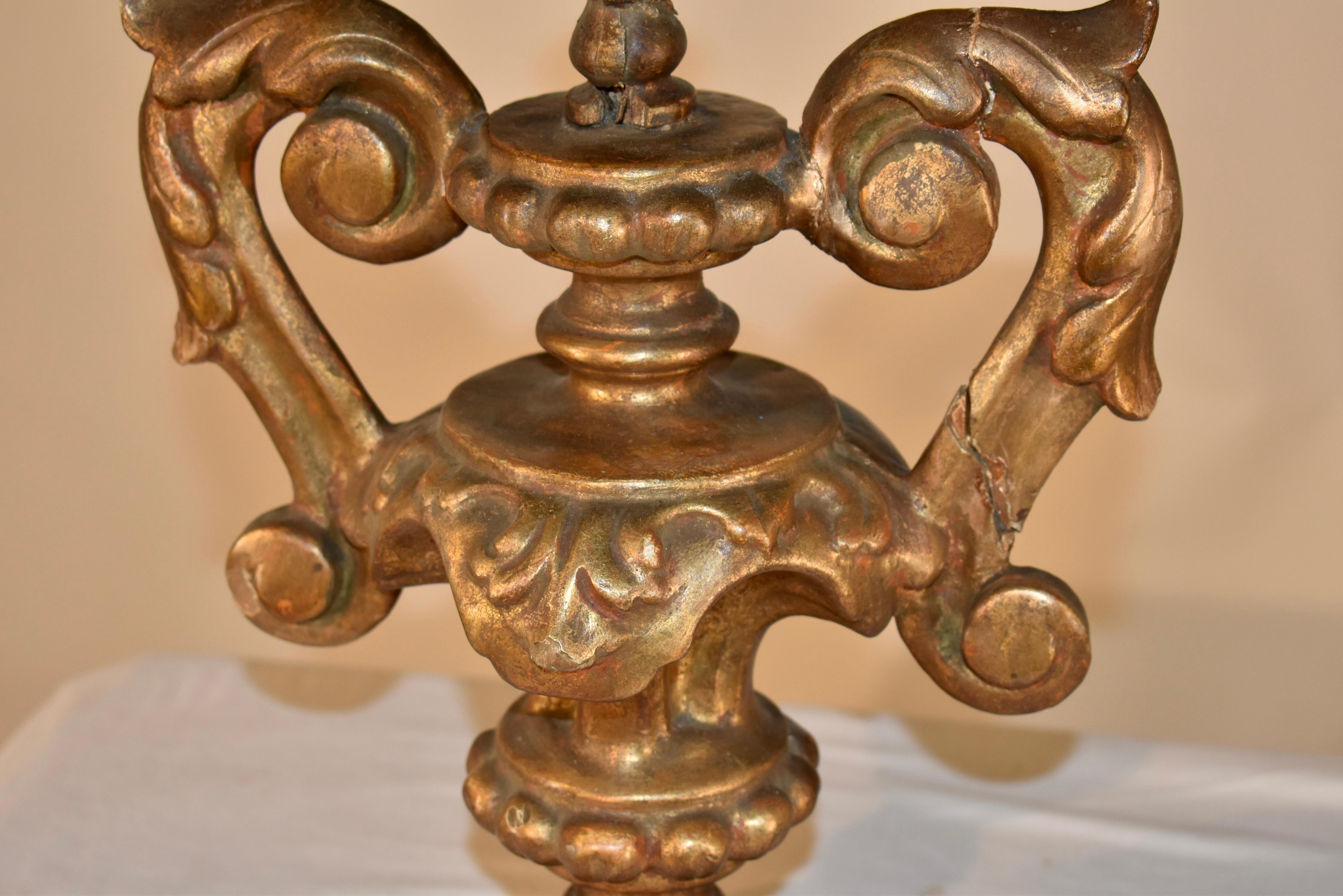 Giltwood Pair of 18th Century Italian Candlesticks For Sale
